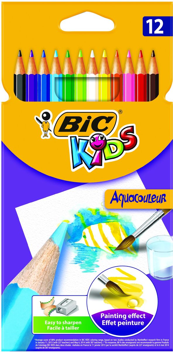 Bic Карандаши цветные Aquacouleur 12 цветов72523WD Bic Карандаши цветные Aquacouleur 12 цветов72523WDНабор из 12 акварельных карандашей. Яркие цвета, легкая затачиваемость и высокая устойчивость к поломке делают эти карандаши отличным вариантом для детей. Можно использовать как обычные карандаши, а так же, проведя по рисунку влажной кисточкой, получить эффект акварели. Карандаши изготовлены с использованием высококачественного дерева и имеют шестигранный корпус. Цветной стержень толщиной 3,2 мм. обеспечивает хорошую степень закрашивания.