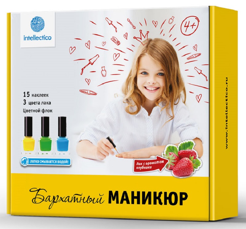 Intellectico Бархатный маникюрSC-FM20104 Intellectico Бархатный маникюрSC-FM20104Малый набор Бархатный маникюр приведет в восторг любую девочку, следующую современным модным тенденциям.С помощью набора Бархатный маникюр девочка сможет сделать очень нежный, объемный и приятный на ощупь маникюр. Это очень оригинальный и стильный маникюр для самых больших модниц! Кроме того, маникюр, сделанный с помощью лаков из набора, является безопасным. Лаки имеют уникальную формулу, благодаря которой легко смываются водой.