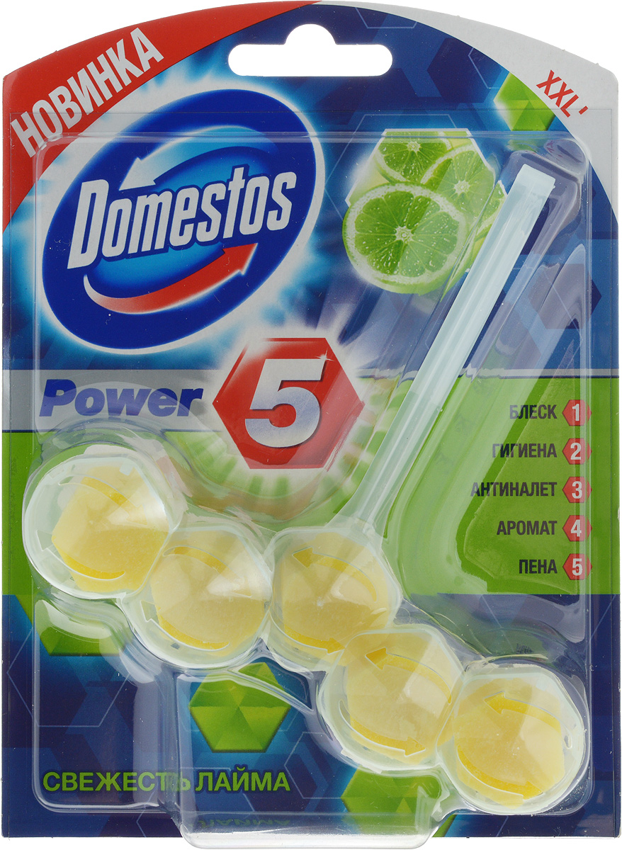 Блок для очищения унитаза Domestos Power 5. Свежесть лайма, 55 гS03301004 Блок для очищения унитаза Domestos Power 5. Свежесть лайма, 55 гS03301004Подвесной блок Domestos Power 5. Свежесть лайма предназначен для очищения унитаза. Он обеспечивает чистоту и свежесть до 3 недель. Средство образует обильную пену, предотвращает известковый налёт, борется с неприятными запахами и микробами, обеспечивает длительный аромат лайма. Для достижения максимального эффекта поместите продукт в место наиболее сильного потока воды при смыве.Туалетный блок для унитаза Domestos Power 5 - это сила пяти компонентов. Товар сертифицирован.