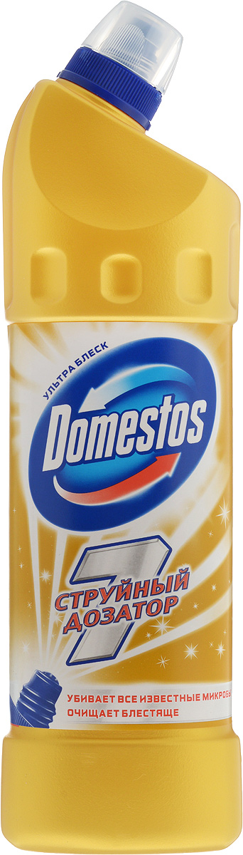 Чистящее средство для унитаза Domestos Ультра блеск, 1 л68/5/1 Чистящее средство для унитаза Domestos Ультра блеск, 1 л68/5/1Средство Domestos Ультра блеск предназначено для чистки унитаза. Благодаря инновационному 7-струйному дозатору Domestos эффективно очищает унитаз и убивает микробы, добираясь даже до самых труднодоступных мест, в которых очищение обычно затруднено. Предотвращает неприятные запахи. Средство обеспечивает 100% уничтожение опасных микробов (включая грибок), настоящую гигиену дома и предотвращает различные кишечные заболевания, которые могут быть вызваны этими микробами. Его уникальность состоит еще и в том, что гель, как универсальный продукт, можно использовать для различных целей: в чистом виде - для чистки и дезинфекции унитаза, ванны, стоков и сливов, а в разбавленном виде - для мытья различных поверхностей (пол, кафель, детские игрушки) и даже для отбеливания белья. Domestos рекомендован НИИ гигиены и охраны здоровья детей и подростков НЦЗД РАМН к использованию в детских учреждениях. Чистящее средство для унитаза Domestos Ультра Блеск при ежедневном использовании дает вам и вашей семье защиту от микробов в туалете, убивая все известные микробы, и в то же время дарит вашему унитазу белоснежную чистоту и сияние. Товар сертифицирован.