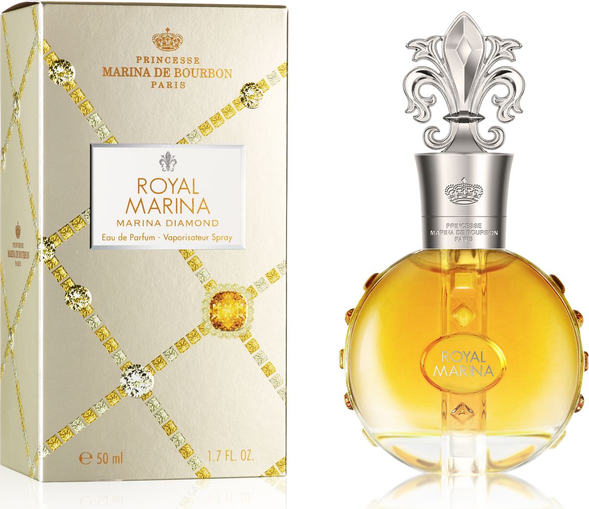 Princesse Marina De Bourbon Paris Royal Marina - Marina Diamond Парфюмерная вода 50 мл1092018 Princesse Marina De Bourbon Paris Royal Marina - Marina Diamond Парфюмерная вода 50 мл1092018ФЛАКОН: Ценный и роскошный флакон инкрустирован драгоценными ограненными камнями. Блеск сверкающего алмаза усиливается впечатляющей крышкой в виде геральдической лилии и с подписью Royal Marina. Золотая, статусная упаковка, рельефно украшенная драгоценными камнями, хранит внутри настоящее сокровище. АРОМАТ: Oбволакивающий, чувственный и теплый Royal Marina Diamond - это захватывающий аромат для гламурной и блистательной женщины, которая стремится произвести незабываемое впечатление и продемонстрировать свой страстный темперамент. Это чувственный и страстный парфюм; радостная сочность Брусники выделяет аромат лепестков Ириса и Жасмина. Изысканные цветочные ноты в центре окутаны экзотической чувственностью дерева Copaiba, в то же время прикосновение ванили и плодов мускуса подчеркивает остроту этого аромата. Oлнечный золотисто-янтарный оттенок просматривается сквозь изящное стекло, околдовывая видом сладкого нектара.