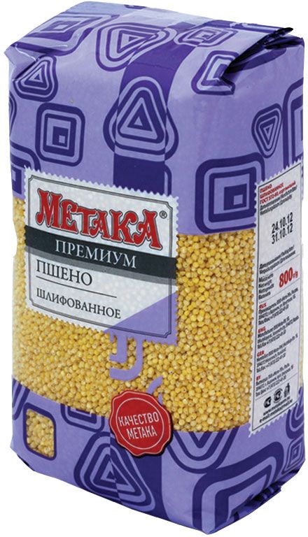 Метака пшено шлифованное, 800 г0120710 Метака пшено шлифованное, 800 г0120710Пшено Метака - качественная шлифованная крупа из многократно очищенного проса, с цельными зернами насыщенного ярко-желтого цвета. Из него получается пышная рассыпчатая каша с приятным вкусом и питательными свойствами. Пшенная каша – с детства знакомое, вкусное и очень полезное блюдо, обладает тонким изысканным ароматом и нежным вкусом. Пшено – лидер среди злаковых культур по содержанию витаминов группы В. В нем содержатся все необходимые организму микро- и макроэлементы, именно поэтому оно так ценится многими поколениями. Пшено – необходимый элемент рациона жителей больших городов и районов с неблагоприятной экологией. Компоненты, входящие в состав крупы, выводят из организма токсичные соединения, шлаки и даже ионы тяжелых металлов.