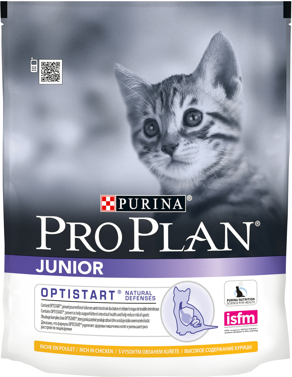 Корм сухой для котят Pro Plan Junior, с курицей, 400 г0120710 Корм сухой для котят Pro Plan Junior, с курицей, 400 г0120710Сухой корм Pro Plan Junior - это полноценный рацион для котят. Он содержит особую разработанную с участием ученых комбинацию ингредиентов для поддержания здоровья вашего питомца в течение продолжительного времени. Особенности сухого корма: укрепляет здоровье кишечника котят и уменьшает риск расстройств пищеварения,усиливает иммунную систему благодаря молозиву, богатому антителами,поддерживает здоровый рост костей и мускулатуры,помогает поддерживать здоровое развитие мозга и зрения.Состав: курица (20%), сухой белок птицы, кукурузный глютен, рис, животный жир, кукуруза, пшеничный глютен, яичный порошок, минеральные вещества, вкусоароматическая кормовая добавка, рыбий жир, молозиво (0,1%). Анализ: белок: 40%, жир: 20%, сырая зола: 6,5%, сырая клетчатка: 0,5%.Добавки на кг: витамин А: 36 400; витамин D3: 1180; витамин Е: 670 мг/кг; железо: 335; йод: 4; медь: 68; марганец: 160; цинк: 570; селен: 0,38 мг/кг.Товар сертифицирован.