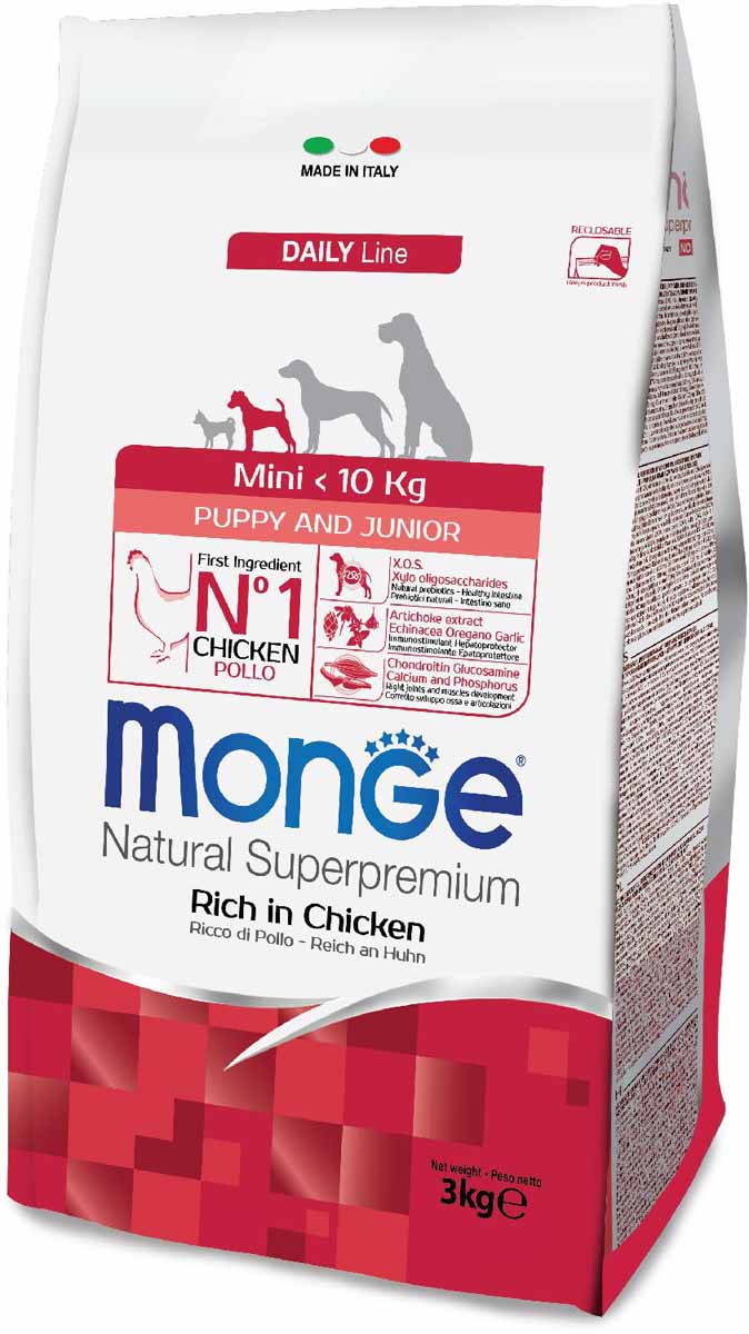 Корм сухой Monge Dog Mini, для щенков мелких пород, 3 кг0120710 Корм сухой Monge Dog Mini, для щенков мелких пород, 3 кг0120710Полнорационный корм для собак на основе мяса курицы и риса.Предназначен для щенков и молодых собак мелких пород в возрасте до одного года, а также для самок в период беременности и лактации. Анализ компонентов: сырой белок 30,00%, сырые масла и жиры 18,00%, сырая клетчатка 2,00%, сырая зола 7,00%, кальций 1,50%, фосфор 1,20%, омега-6 жирные кислоты 7,00%, омега-3 жирные кислоты 0,70%.Пищевые добавки/кг: витамин А 26000 МЕ, витамин D3 1820 МЕ, витамин Е 200 мг, витамин В1 20 мг, витамин В2 25 мг, витамин В6 12 мг, витамин В12 240 мг, биотин 32 мг, ниацин 50 мг, витамин С 180 мг, пантотеновая кислота 30 мг, фолиевая кислота 2,80 мг, холина хлорид 3200 мг, инозитол 3,60 мг, Е5 сульфат марганца моногидрат 32 мг, Е6 оксид цинка 150 мг, Е4 сульфат меди пентагидрат 13 мг, Е1 сульфат железа моногидрат 110 мг, Е8 селенит натрия 0,20 мг, Е2 йодат кальция 1,80 мг, L-карнитин 150 мг, DL-метионин 7,40 г. Технологические добавки/кг: натуральная смесь из токоферола и экстракта розмарина обыкновенного. Органолептические добавки/кг: натуральный экстракт каштана 20 мг, экстракт артишока 300 мг.Энергетическая ценность: 4250 ккал/кг.Ингредиенты: курица (32% дегидрированного и 10% свежего мяса), рис, кукуруза, животный жир (куриный жир 99,5%, консервированный с помощью натуральных антиоксидантов), сухая свекольная пульпа, пивные дрожжи (источник МОС и витамина B12), кукурузная глютеновая мука, гидролизованный животный белок, овес (источник ценных пищевых волокон), сухое цельное яйцо (с высоким содержанием ценных белков), рыба (дегидрированный лосось), рыбий жир (масло лосося), КОС (ксилоолиго-сахариды 3г/кг), гидролизованные дрожжи (источник МОС), юкка Шидигера, спирулина, гидролизованные хрящи (источник хондроитина сульфата), гидролизованные ракообразные (источник глюкозамина), метилсульфонилметан, корень эхинацеи, орегано, порошок сушеного чеснока. Рекомендации по кормлению: щенкам в возрасте от 20 дней до 12 месяцев размачивать продукт теплой водой за несколько минут до кормления. Суточная норма должна быть разделена на 3-4 кормления. Количество корма может варьироваться в зависимости от индивидуальных потребностей животного. Беременным животным суточную норму кормления увеличить на 10%, в последние недели беременности норму увеличить до 25% и продолжать кормить таким количеством весь период лактации.