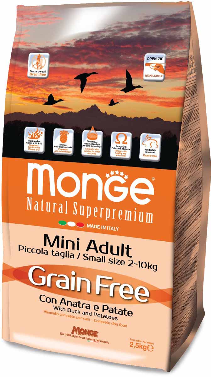 Корм сухой Monge Dog Grain Free Mini, для собак мелких пород, беззерновой, с уткой и картофелем, 2,5 кг0120710 Корм сухой Monge Dog Grain Free Mini, для собак мелких пород, беззерновой, с уткой и картофелем, 2,5 кг0120710Полнорационный корм для взрослых собак мелких пород с уткой и картофелем не содержит зерновых культур, 2,5 кг.Появление линии кормов Grain Free было обусловлено идеей создания для собак рациона питания, аналогичного тому, которое получали их неодомашненные предки, получавшие высокобелковую пищу и не употреблявшие зерновые продукты. Это питательный, высокоусваиваемый корм с высокой вкусовой привлекательностью.Оптимальное соотношение Омега-3 и Омега-6 жирных кислот обеспечивает блестящую шерсть и здоровую кожу питомца. Входящий в состав женьшень повышает общую сопротивляемость организма.Содержит глюкозамин и хондроитин для поддержания здоровья суставов иоптимального развития скелета. Продукт не содержит красителей и консервантов.Продукт произведен в Италии. Анализ компонентов: сырой белок 30,00%, сырые масла и жиры 20,00%, сырая клетчатка 2,00%, сырая зола 7,50%, кальций 1,80%, фосфор 1,45%, омега-6 жирные кислоты 3,75%, омега-3 жирные кислоты 1,10%. Пищевые добавки/кг: витамин А (как ретинола ацетат) 26000 МЕ, витамин D3 (как холекальциферол) 1700 МЕ, витамин Е (альфа-токоферол ацетат) 520 мг, витамин B1 (тиамина нитрат) 12 мг, витамин B2 (рибофлавин) 15 мг, витамин B6 (пиридоксинагидрохлорид) 7 мг, витамин B12 140 мг, витамин H (биотин) 19 мг, витамин PP (ниацин) 90 мг, витамин C 180 мг, пантотеновая кислота 20 мг, фолиевая кислота 2,45 мг, холина хлорид 2900 мг, инозитол 3,50 мг, сульфат марганца моногидрат 103 мг (марганец 35 мг), оксид цинка 215 мг (цинк 155 мг), сульфат меди пентагидрат 53 мг (меди 13 мг), сульфат железа моногидрат 370 мг (железа 110 мг), селенит натрия 0,50 мг (селен 0,22 мг), безводный йодат кальция 2,80 мг (йод 1,75 мг). Аминокислоты/кг: L-карнитин 50%: 110 мг, DL-метионин 7 г. Технологические добавки/кг: МСМ (метилсульфонилметан) 400 мг,глюкозамин 400 мг, хондроитина сульфат 260 мг. Антиоксиданты: экстракт розмарина. Энергетическая ценность: 4 300 ккал/кг. Состав: мясо утки (из которого мин. 20% дегидрированного, мин. 10% свежего), картофель, утиное масло, концентрат картофельного белка, пивные дрожжи, сухое цельное яйцо, свекольная пульпа, масло лосося, гидролизованный белок утиной печени, холина хлорид, безводный мононатриевый фосфат, гидролизованные дрожжи (МОС), фруктоолигосахариды (ФОС), натуральный экстракт каштана, женьшень, сердцевина ананаса, спирулина, яблочная мука, юкка Шидигера, витамины и минеральные соли, хондроитин, глюкозамина, МСМ. Индивидуальная непереносимость. Рекомендации по кормлению: корм можно подавать сухим или размоченным теплой водой. Суточная норма может варьироваться в зависимости от индивидуальных потребностей животного.