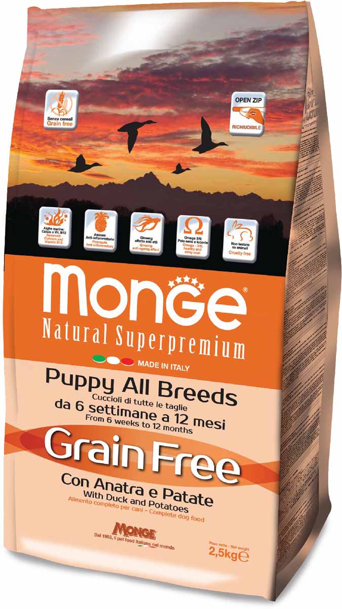 Корм сухой Monge Dog Grain Free, для щенков, беззерновой, с уткой и картофелем, 2,5 кг0120710 Корм сухой Monge Dog Grain Free, для щенков, беззерновой, с уткой и картофелем, 2,5 кг0120710Полнорационный корм для щенков всех пород с уткой и картофелем, не содержит зерновых культур.Это питательный, высокоусваиваемый корм с высокой вкусовой привлекательностью.Оптимальное соотношение Омега-3 и Омега-6 жирных кислот обеспечивает блестящую шерсть и здоровую кожу питомца. Входящий в состав женьшень повышает общую сопротивляемость организма.Содержит глюкозамин и хондроитин для поддержания здоровья суставов и оптимального развития скелета. Щенок будет расти сильным и здоровым.Продукт не содержит красителей и консервантов.Анализ компонентов: сырой белок 29,00%, сырые масла и жиры 18,00%, сырая клетчатка 2,00%, сырая зола 7,50%, кальций 1,50%, фосфор 1,00%, омега-6 жирные кислоты 3,75%, омега-3 жирные кислоты 1,10%. Пищевые добавки/кг: витамин А (как ретинола ацетат) 26000 МЕ, витамин D3 (как холекальциферол) 1700 МЕ, витамин Е (альфа-токоферол ацетат) 150 мг, витамин B1 (тиамина нитрат) 12 мг, витамин B2 (рибофлавин) 15 мг, витамин B6 (пиридоксинагидрохлорид) 7 мг, витамин B12 140 мг, витамин H (биотин) 19 мг, витамин PP (ниацин) 90 мг, витамин C 180 мг, пантотеновая кислота 20 мг, фолиевая кислота 2,30 мг, холина хлорид 2900 мг, инозитол 3,30 мг, сульфат марганца моногидрат 103 мг (марганец 35 мг), оксид цинка 205 мг (цинк 155 мг), сульфат меди пентагидрат 50 мг (меди 13 мг), сульфат железа моногидрат 370 мг (железа 110 мг), селенит натрия 0,50 мг (селен 0,22 мг), безводный йодат кальция 2,60 мг (йод 1,75 мг). Аминокислоты/кг: L-карнитин 50%: 110 мг, DL-метионин 7 г. Технологические добавки/кг: МСМ (метилсульфонилметан) 500 мг, глюкозамин 500 мг, хондроитина сульфат 300 мг. Антиоксиданты: экстракт розмарина. Энергетическая ценность: 4 200 Ккал/кг.Состав: мясо утки (из которого 18% дегидрированного, 14% свежего), картофель, утиное масло, концентрат картофельного белка, пивные дрожжи, сухое цельное яйцо, свекольная пульпа, масло лосося, гидролизованный белок утиной печени, холина хлорид, безводный мононатриевый фосфат, гидролизованные дрожжи (МОС), фруктоолигосахариды (ФОС), натуральный экстракт каштана, женьшень, сердцевина ананаса, спирулина, яблочная мука, юкка Шидигера, витамины и минеральные соли, хондроитин,глюкозамина, МСМ. Индивидуальная непереносимость. Рекомендации по кормлению: щенкам в возрасте от 20 дней до 12 месяцев размачивать продукт теплой водой за несколько минут до кормления. Суточная норма должна быть разделена на 3-4 кормления. Суточная норма может варьироваться в зависимости от индивидуальных потребностей животного. Беременным и кормящим животным суточную норму кормления увеличить на 10%, в последние недели беременности норму увеличить до 25% и продолжать кормить таким количеством весь период лактации. Важно, чтобы у животного всегда была свежая питьевая вода.