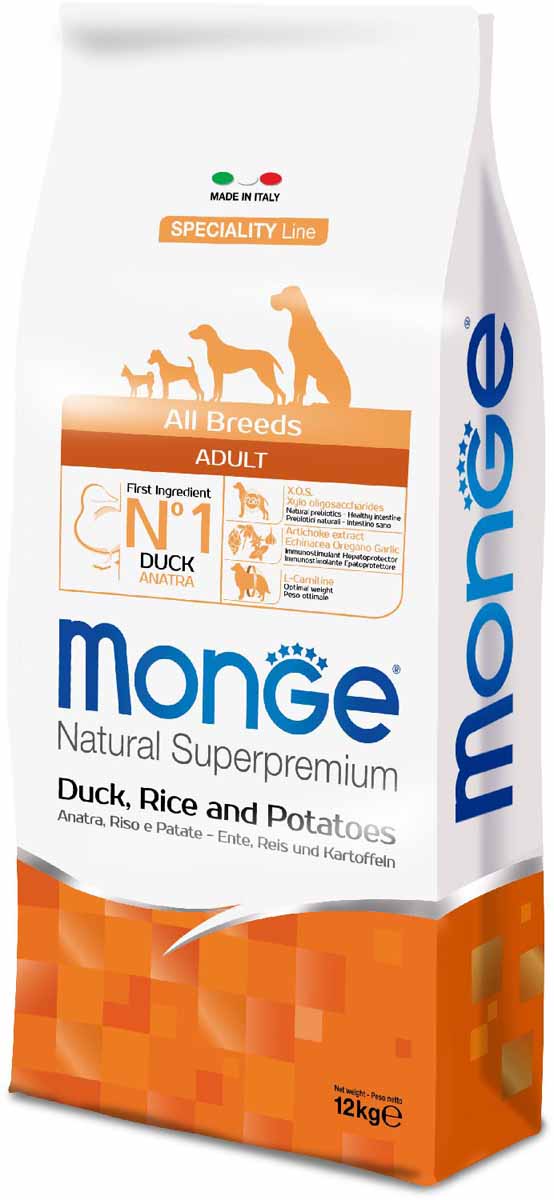 Корм сухой Monge Dog Speciality, для собак всех пород, с уткой, рисом и картофелем, 12 кг0120710 Корм сухой Monge Dog Speciality, для собак всех пород, с уткой, рисом и картофелем, 12 кг0120710Сбалансированное полнорационное питание для взрослых собак всех пород. Линейка сухих рационов со специально подобранными источниками белка линейка полноценных сбалансированных рационов для взрослых собак всех пород SECIALITY LINE предназначена для собак, склонных к аллергическим реакциям и расстройствам пищеварения. В состав продукта входят отборные гипоаллергенные источники белка животного происхождения, что позволяет легко исключить из рациона ингредиенты, вызывающие аллергию. Высокая усвояемость корма гарантирует поступление в организм оптимального количества питательных веществ, необходимых собакам с чувствительным пищеварением. Оптимальный баланс омега-6 и омега-3 жирных кислот снижает риск развития воспаления и гарантирует превосходное состояние кожного покрова. Содержание в корме биотина, цинка и высокого уровня линолевой кислоты придает шерсти питомца блеск. Анализ компонентов: сырой белок 25,00%, сырые масла и жиры 16,00%, сырая клетчатка 2,50%, сырая зола 7,00%, кальций 1,70%, фосфор 1,10%, омега-6 жирные кислоты 3,50%, омега-3 жирные кислоты 0,55%.Пищевые добавки/кг: витамин А 24000 МЕ, витамин D3 1700 МЕ, витамин Е 190 мг, витамин В1 12 мг, витамин В2 15 мг, витамин В6 7 мг, витамин В12 150 мг, биотин 20 мг, ниацин 30 мг, витамин С 200 мг, пантотеновая кислота 18 мг, фолиевая кислота 1,70 мг, холина хлорид 2500 мг, инозитол 3,60 мг, Е5 сульфат марганца моногидрат 32 мг, Е6 оксид цинка 150 мг, Е4 сульфат меди пентагидрат 13 мг, Е1 сульфат железа моногидрат 110 мг, Е8 селенит натрия 0,20 мг, Е2 йодат кальция 1,80 мг, L-карнитин 100 мг, DL-метионин 1,6г. Технологические добавки/кг: натуральная смесь из токоферола и экстракта розмарина обыкновенного. Органолептические добавки/кг: натуральный экстракт каштана 20 мг, экстракт артишока 300 мг. Энергетическая ценность: 4 100 ккал/кг. Состав: утка (30% дегидрированного и 10% свежего мяса), рис, картофельный белок, кукуруза, сухая свекольная пульпа, пивные дрожжи (источник МОС и витамина B12), гидролизованный белок утиной печени, животный жир (утиный жир 99,5%, консервированный с помощью натуральных антиоксидантов), карбонат кальция, гидролизованные хрящи (источник хондроитина сульфата), гидролизованные ракообразные (источник глюкозамина), метилсульфонилметан, КОС (ксилоолигосахариды 3г/кг), гидролизованные дрожжи (источник МОС), юкка Шидигера, спирулина, корень эхинацеи, орегано, порошок сушеного чеснока. Индивидуальная непереносимость. Рекомендации по кормлению: корм можно подавать сухим или размоченным теплой водой. Суточная норма может варьироваться в зависимости от индивидуальных потребностей животного. Важно, чтобы у собаки всегда была свежая питьевая вода.