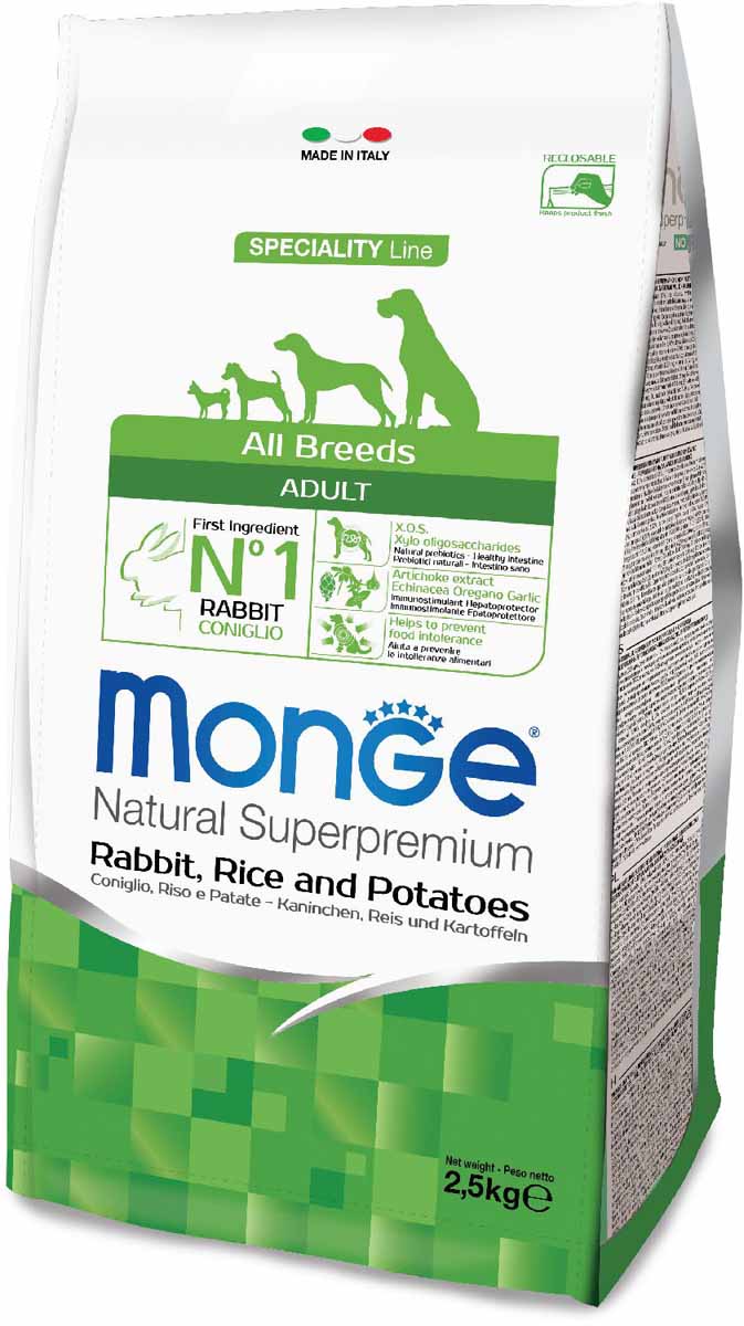 Корм сухой Monge Dog Speciality, для собак всех пород, с кроликом, рисом и картофелем, 2,5 кг0120710 Корм сухой Monge Dog Speciality, для собак всех пород, с кроликом, рисом и картофелем, 2,5 кг0120710Сбалансированное полнорационное питание для взрослых собак всех пород. Линейка сухих рационов со специально подобранными источниками белка линейка полноценных сбалансированных рационов для взрослых собак всех пород SECIALITY LINE предназначена для собак, склонных к аллергическим реакциям и расстройствам пищеварения. В состав продукта входят отборные гипоаллергенные источники белка животного происхождения, что позволяет легко исключить из рациона ингредиенты, вызывающие аллергию. Высокая усвояемость корма гарантирует поступление в организм оптимального количества питательных веществ, необходимых собакам с чувствительным пищеварением. Оптимальный баланс омега-6 и омега-3 жирных кислот снижает риск развития воспаления и гарантирует превосходное состояние кожного покрова. Содержание в корме биотина, цинка и высокого уровня линолевой кислоты придает шерсти питомца блеск. Анализ компонентов: сырой белок 26,00%, сырые масла и жиры 15,00%, сырая клетчатка 2,50%, сырая зола 6,50%, кальций 1,70%, фосфор 1,10%, омега-6 незаменимые жирные кислоты 3,50%, омега-3 незаменимые жирные кислоты 0,50%. Пищевые добавки/кг: витамин А 24 000 МЕ, витамин D3 1 700 МЕ, витамин Е 190 мг, витамин B1 12 мг, витамин B2 15 мг, витамин В6 7 мг, витамин B12 150 мг, биотин 20 мг, никотиновая кислота 30 мг, витамин C 200 мг, пантотеновая кислота 18 мг, фолиевая кислота 1,70 мг, холина хлорид 2 500 мг, инозитол 3,60 мг, сульфат марганца моногидрат 32 мг, оксид цинка 150 мг, сульфат меди пентагидрат 13 мг, сульфат железа моногидрат 110 мг, селенит натрия 0,20 мг, йодат кальция 1,80 мг, L-карнитин 100 мг, DL-метионин 1,60г. Технологические добавки/кг: натуральная смесь токоферолов и экстракта розмарина. Органолептические добавки/кг: натуральный экстракт каштана 20 мг, экстракт артишока 300 мг. Энергетическая ценность 4 070 ккал/кг. Состав: кролик (23% дегидрированного и 10% свежего мяса), рис, концентрат картофельного белока, кукуруза, свекольная пульпа, пивные дрожжи (источник МОС и витамина B12), животный жир (куриное масло 99,6 %, консервированное с помощью натуральных антиоксидантов), гидролизованные хрящи (источник хондоитина сульфата), гидролизованные ракообразные (источник глюкозамина), метилсульфонилметан, КОС (ксило-олигосахариды 3г/кг), гидролизованные дрожжи (МОС), юкка Шидигера, спирулина, корнень эхинацеи, орегано, порошок сушеного чеснока. Индивидуальная непереносимость. Рекомендации по кормлению: корм можно подавать сухим или размоченным теплой водой. Суточная норма может варьироваться в зависимости от индивидуальных потребностей животного. Важно, чтобы у собаки всегда была свежая питьевая вода.