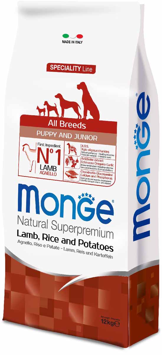 Корм сухой Monge Dog Speciality Puppy&Junior, для щенков всех пород, с ягненком и рисом, 12 кг0120710 Корм сухой Monge Dog Speciality Puppy&Junior, для щенков всех пород, с ягненком и рисом, 12 кг0120710Полнорационный корм предназначен для щенков и молодых собак всех пород в возрасте от 2 до 12 месяцев, а также в период беременности и лактации. Идеально подходит для собак, нуждающихся в питании с низким содержанием холестерина. Ингредиенты, входящие в состав, помогают бороться с аллергическими реакциями и воспалениями и подходит для собак с проблемами пищеварения. Входящие в состав ФОС (фруктоолигосахариды) поддерживают здоровую микрофлору кишечника.Мясо ягненка и рис - это гарантия правильного усвоения белков и углеводов. Высокое содержание сбалансированных омега-3 и омега-6 жирных кислот, цинка и биотина обеспечивает блестящую шерсть и здоровую кожу питомца.Глюкозамин, хондроитин и МСМ благотворно влияют на здоровье суставов и всего костного аппарата, помогают предотвратить возникновение болезней суставов.Анализ компонентов: сырой белок 30,00%, сырые масла и жиры 18,00%, сырая клетчатка 2,00%, сырая зола 7,00%, кальций 1,80%, фосфор 1,10%, омега-6 жирные кислоты 5,20%, омега-3 жирные кислоты 0,90%.Пищевые добавки/кг: витамин А 26000 МЕ, витамин D3 1800 МЕ, витамин Е 200 мг, витамин В1 20 мг, витамин В2 25 мг, витамин В6 12 мг, витамин В12 230 мг, биотин 22 мг, ниацин 60 мг, витамин С 165 мг, пантотеновая кислота 30 мг, фолиевая кислота 2,90 мг, холина хлорид 2500 мг, инозитол 3,60 мг, Е5 сульфат марганца моногидрат 32 мг, Е6 оксид цинка 150 мг, Е4 сульфат меди пентагидрат 13 мг, Е1 сульфат железа моногидрат 110 мг, Е8 селенит натрия 0,20 мг, Е2 йодат кальция 1,80 мг, L-карнитин 100 мг, DL-метионин 1,60г. Технологические добавки/кг: натуральная смесь из токоферола и экстракта розмарина обыкновенного.Органолептические добавки/кг: натуральный экстракт каштана 20 мг, экстракт артишока 300 мг.Энергетическая ценность: 4 200 ккал/кг.Ингредиенты: ягненок (30% дегидрированного и 10% свежего мяса), рис, кукуруза, животный жир (куриное жир 99,5%, консервированный с помощью натуральных антиоксидантов), картофельный белок, сухая свекольная пульпа, пивные дрожжи (источник МОС и витамина B12), гидролизованный животный белок, овес (источник ценных пищевых волокон), сухое цельное яйцо (с высоким содержанием ценных белков), КОС (ксилоолигосахариды 3г/кг), гидролизованные дрожжи (источник МОС), гидролизованные хрящи (источник хондроитина сульфата), гидролизованные ракообразные (источник глюкозамина), метилсульфонилметан, юкка Шидигера, спирулина, корнень эхинацеи, орегано, порошок сушеного чеснока.Индивидуальная непереносимостьУказания по применению: для щенков в возрасте от 2 до 12 месяцев. Продукт можно использовать в сухом или размоченном в теплой воде виде. Необходимо разделить дневной рацион на 3-4 порции. Количество может изменяться в зависимости от физиологических потребностей животного. Важно, чтобы у собаки всегда была свежая, чистая вода. Хранить в сухом прохладном месте. Корм для собак не предназначен для употребления в пищу человеком.