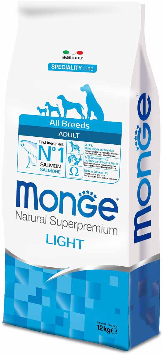 Корм сухой Monge Dog Speciality Light, для собак всех пород, низкокалорийный, с лососем и рисом, 12 кг0120710 Корм сухой Monge Dog Speciality Light, для собак всех пород, низкокалорийный, с лососем и рисом, 12 кг0120710Полнорационный корм на основе лосося и риса для взрослых собак всех пород с особыми потребностями. Разработан на основе лосося северного моря, богат омега-3 и омега-6 жирными кислотами, которые позволяют предупредить воспалительные процессы и сохранить здоровье кожи и шерсти вашего питомца.Лосось и рис гарантируют правильное усвоение белков и углеводов. Корм прекрасно подходит для собак с проблемами пищеварения и кожными заболеваниями. Данный продукт предназначен для собак с заболеваниями кожи, такими, как дерматит, перхоть, зуд, а также для собак со светлой шерстью. Глюкозамин, хондроитин и МСМ благотворно влияют на здоровье всего костного аппарата, помогают предотвратить возникновение болезней суставов.Анализ компонентов: сырой белок 24,00%, сырые масла и жиры 12,00%, сырая клетчатка 2,50%, сырая зола 6,00%, кальций 1,40%, фосфор 0,90%, омега-6 жирные кислоты 3,50%, омега-3 жирные кислоты 0,70%.Пищевые добавки/кг: витамин А 24000 МЕ, витамин D3 1400 МЕ, витамин Е 190 мг, витамин В1 13 мг, витамин В2 16 мг, витамин В6 7 мг, витамин В12 145 мг, биотин 20 мг, никотиновая кислота 90 мг, витамин С 200 мг, пантотеновая кислота 20 мг, фолиевая кислота 2,30 мг, холина хлорид 3500 мг, инозитол 3,60 мг, Е5 сульфат марганца моногидрат 42 мг, Е6 оксид цинка 190 мг, Е4 сульфат меди пентагидрат 20 мг, Е1 сульфат железа моногидрат 100 мг, Е8 селенит натрия 0,40 мг, Е2 йодат кальция 3,80 мг, L-карнитин 120 мг, DL-метионин 1,6г. Технологические добавки/кг: натуральная смесь из токоферола и экстракта розмарина обыкновенного. Органолептические добавки/кг: натуральный экстракт каштана 20 мг, экстракт артишока 300 мг.Энергетическая ценность: 3 950 ккал/кг.Ингредиенты: рыба (26% дегидрированного и 10% свежего лосося), рис, кукуруза, сухая свекольная пульпа, пивные дрожжи (источник МОС и витамина B12), гидролизованный животный белок, рыбий жир (масло лосося, консервированное с помощью натуральных антиоксидантов), кукурузный глютен, карбонат кальция, КОС (ксилоолигосахариды 3г/кг), гидролизованные дрожжи (МОС), юкка Шидигера, спирулина, гидролизованные хрящи (источник хондроитина сульфата), гидролизованные ракообразные (источник глюкозамина), метилсульфонилметан, корень эхинацеи, орегано, порошок сушеного чеснока. Индивидуальная непереносимость. Рекомендации по кормлению: корм можно подавать сухим или размоченным теплой водой. Суточная норма может варьироваться в зависимости от индивидуальных потребностей животного. Важно, чтобы у животного всегда была свежая питьевая вода.