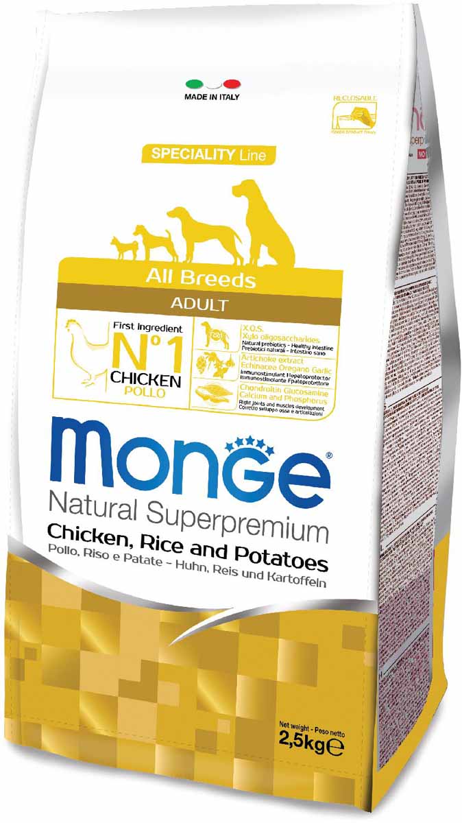 Корм сухой Monge Dog Speciality, для собак всех пород, с курицей, рисом и картофелем, 2,5 кг0120710 Корм сухой Monge Dog Speciality, для собак всех пород, с курицей, рисом и картофелем, 2,5 кг0120710Полнорационный корм на основе курицы, риса и картофеля для взрослых собак всех пород. Специально разработан для ежедневного диетического питания собаки. Ингредиенты, входящие в состав корма помогают бороться с аллергическими реакциями и воспалениями.Белое куриное мясо и рис - это гарантия правильного усвоения белков и углеводов. Прекрасно подходит для собак с проблемами пищеварения.Правильное соотношение биотина, цинка и высокий уровень линолевой кислоты обеспечивает блеск и здоровье шерсти.Корм с единственным источником белка - оптимальный вариант для собак, склонных к аллергическим реакциям и воспалениям.Анализ компонентов: сырой белок 25,00%, сырые масла и жиры 15,00%, сырая клетчатка 2,50%, сырая зола 6,50%, кальций 1,50%, фосфор 1,00%, омега-6 жирные кислоты 4,00%, омега-3 жирные кислоты 0,60%.Пищевые добавки/кг: витамин А 30000 МЕ, витамин D3 2100 МЕ, витамин Е 200 мг, витамин В1 13 мг, витамин В2 15 мг, витамин В6 7,20 мг, витамин В12 145 мг, биотин 19 мг, ниацин 90 мг, витамин С 180 мг, пантотеновая кислота 21 мг, фолиевая кислота 2,50 мг, холина хлорид 4000 мг, инозитол 3,50 мг, Е5 сульфат марганца моногидрат 35 мг, Е6 оксид цинка 160 мг, Е4 сульфат меди пентагидрат 13 мг, Е1 сульфат железа моногидрат 110 мг, Е8 селенит натрия 0,22 мг, Е2 йодат кальция 1,80 мг, L-карнитин 110 мг, DL-метионин 6,4г. Технологические добавки/кг: натуральная смесь из токоферола и экстракта розмарина обыкновенного. Органолептические добавки/кг: натуральный экстракт каштана 20 мг, экстракт артишока 300 мг.Энергетическая ценность: 4 100 ккал/кг.Состав: курица (28% дегидрированного и 10% свежего мяса), рис, концентрат картофельного белка, животный жир (куриный жир, консервированный с помощью натуральных антиоксидантов), кукуруза, свекольная пульпа, пивные дрожжи (источник МОС и витамина B12), гидролизованный животный белок, КОС (ксило-олигосахариды 3г/кг), гидролизованные дрожжи (МОС), юкка Шидигера, спирулина, гидролизованные хрящи (источник хондроитина сульфата), гидролизованные ракообразные (источник глюкозамина), метилсульфонилметан, корень эхинацеи, орегано, порошок сушеного чеснока. Индивидуальная непереносимость. Корм можно подавать сухим или размоченным теплой водой. Суточная норма может варьироваться в зависимости от индивидуальных потребностей животного. Важно, чтобы у собаки всегда была свежая питьевая вода.