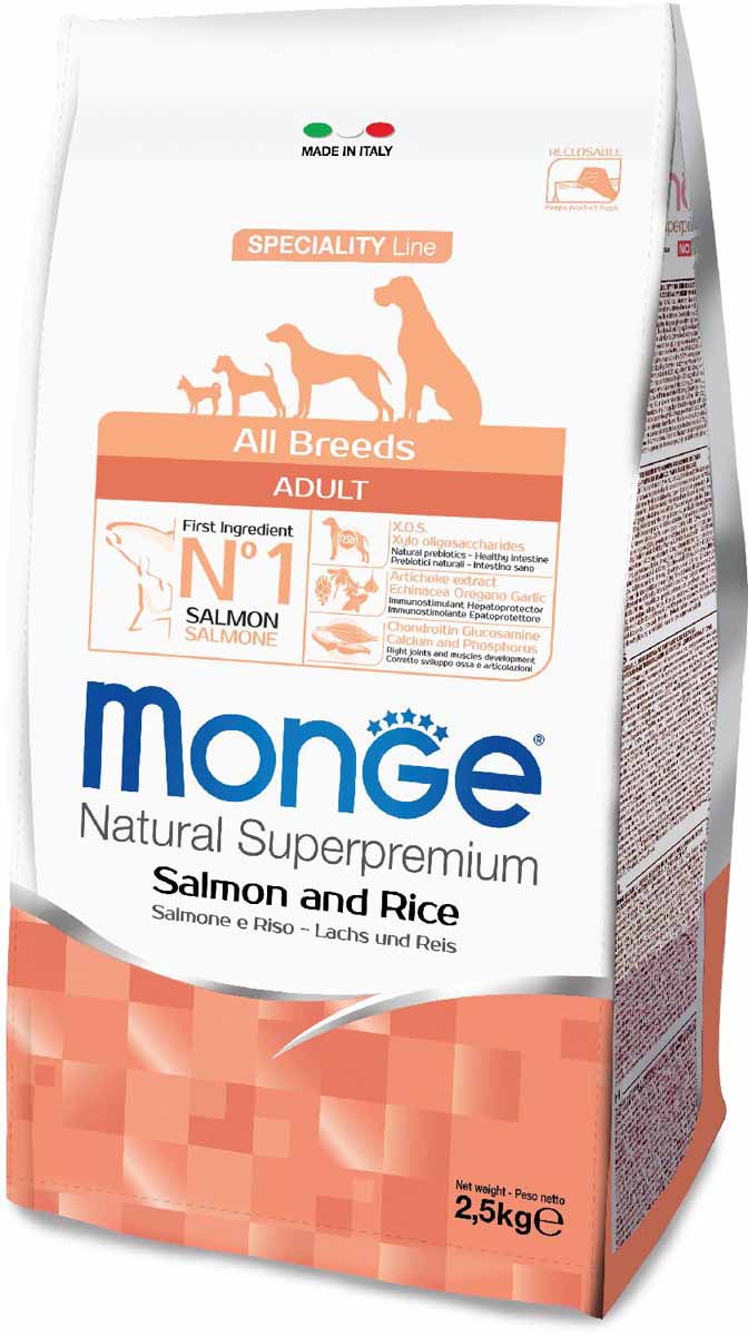 Корм сухой Monge Dog Speciality, для собак всех пород, с лососем и рисом, 2,5 кг0120710 Корм сухой Monge Dog Speciality, для собак всех пород, с лососем и рисом, 2,5 кг0120710Monge Dog Speciality корм для собак всех пород, лосось с рисом, 2,5 кг.Полнорационный корм на основе лосося и риса для взрослых собак всех пород с особыми потребностями. Разработан на основе лосося северного моря, богат омега-3 и омега-6 жирными кислотами, которые позволяют предупредить воспалительные процессы и сохранить здоровье кожи и шерсти вашего питомца.Лосось и рис гарантируют правильное усвоение белков и углеводов. Корм прекрасно подходит для собак с проблемами пищеварения и кожными заболеваниями. Данный продукт предназначен для собак с заболеваниями кожи, такими, как дерматит, перхоть, зуд, а также для собак со светлой шерстью. Глюкозамин, хондроитин и МСМ благотворно влияют на здоровье всего костного аппарата, помогают предотвратить возникновение болезней суставов.Анализ компонентов: сырой белок 25,00%, сырые масла и жиры 14,00%, сырая клетчатка 2,50%, сырая зола 6,50%, кальций 1,20%, фосфор 0,90%, омега-6 жирные кислоты 4,00%, омега-3 жирные кислоты 0,30%.Пищевые добавки/кг: витамин А 24000 МЕ, витамин D3 1700 МЕ, витамин Е 190 мг, витамин В1 12 мг, витамин В2 15 мг, витамин В6 7 мг, витамин В12 150 мг, биотин 20 мг, ниацин 30 мг, витамин С 200 мг, пантотеновая кислота 18 мг, фолиевая кислота 1,70 мг, холина хлорид 2500 мг, инозитол 3,60 мг, Е5 сульфат марганца моногидрат 32 мг, Е6 оксид цинка 150 мг, Е4 сульфат меди пентагидрат 13 мг, Е1 сульфат железа моногидрат 110 мг, Е8 селенит натрия 0,20 мг, Е2 йодат кальция 1,80 мг, L-карнитин 100 мг, DL-метионин 1,60г. Технологические добавки/кг: натуральная смесь из токоферола и экстракта розмарина обыкновенного. Органолептические добавки/кг: натуральный экстракт каштана 20 мг, экстракт артишока 300 мг.Энергетическая ценность: 4 020 ккал/кг.Ингредиенты: лосось (26% дегидрированного и 10% свежего), рис, сухая свекольная пульпа, пивные дрожжи (источник МОС и витамина B12), животный жир (лосося, консервированный с помощью натуральных антиоксидантов), гидролизованный животный белок, КОС (ксилоолигосахариды 3г/кг), гидролизованные дрожжи (источник МОС), юкка Шидигера, спирулина, гидролизованные хрящи (источник хондроитина сульфата), гидролизованные ракообразные (источник глюкозамина), метилсульфонилметан, корень эхинацеи, орегано, порошок сушеного чеснока. Индивидуальная непереносимость. Рекомендации по кормлению: корм можно подавать сухим или размоченным теплой водой. Суточная норма может варьироваться в зависимости от индивидуальных потребностей животного. Важно, чтобы у животного всегда была свежая питьевая вода.