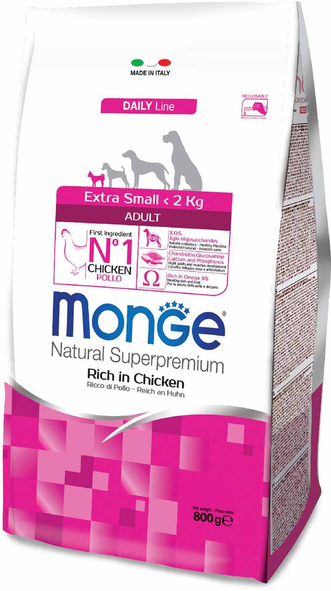 Корм сухой Monge Dog Extra Small, для взрослых собак миниатюрных пород, с курицей, 800 г0120710 Корм сухой Monge Dog Extra Small, для взрослых собак миниатюрных пород, с курицей, 800 г0120710Monge Dog Extra Small с курицей, 800 г.Полнорационный корм на основе мяса курицы. Специально разработан для ежедневного кормления взрослых собак миниатюрных пород с нормальной физической активностью. Анализ компонентов: сырой белок 26,00%, сырые масла и жиры 14,00%, сырая клетчатка 2,50%, сырая зола 6,00%, кальций 1,20%, фосфор 0,80%, омега-6 жирные кислоты 6,40%, омега-3 жирные кислоты 0,70%.Пищевые добавки/кг: витамин А 23000 МЕ, витамин D3 1600 МЕ, витамин Е 200 мг, витамин В1 10 мг, витамин В2 13 мг, витамин В6 6 мг, витамин В12 125 мг, биотин 17 мг, ниацин 26 мг, витамин С 180 мг, пантотеновая кислота 15 мг, фолиевая кислота 1,40 мг, холина хлорид 2500 мг, инозитол 3,00 мг, Е5 сульфат марганца моногидрат 35 мг, Е6 оксид цинка 160 мг, Е4 сульфат меди пентагидрат 13 мг, Е1 сульфат железа моногидрат 110 мг, Е8 селенит натрия 0,22 мг, Е2 йодат кальция 1,80 мг, L-карнитин 105 мг, DL-метионин 7,30г. Технологические добавки/кг: натуральная смесь из токоферола и экстракта розмарина обыкновенного. Органолептические добавки/кг: натуральный экстракт каштана 20 мг.Энергетическая ценность: 4050 ккал/кг.Ингредиенты: курица (мин. 30% дегидрированного, мин. 10% свежего), рис, кукуруза, животный жир (куриный жир 99,5% консервированный с помощью натуральных антиоксидантов), сухая свекольная пульпа, концентрат картофельного белка, пивные дрожжи (источник МОС и витамина В12), кукурузная глютеновая мука, гидролизованный животный белок, рыба (дегидрированный лосось), рябий жир (масло лосося), гидролизованные хрящи (источник хондроитина сульфата), гидролизованные ракообразные (источник глюкозамина), метилсульфонилметан, КОС (ксилоолигосахариды 3г/кг), гидролизованные дрожжи (источник МОС), юкка Шидигера, спирулиа. Индивидуальная непереносимость. Рекомендации по кормлению: корм можно подавать сухим или размоченным теплой водой. Суточная норма может варьироваться в зависимости от индивидуальных потребностей животного. Важно, чтобы животное всегда имело доступ к чистой питьевой воде.