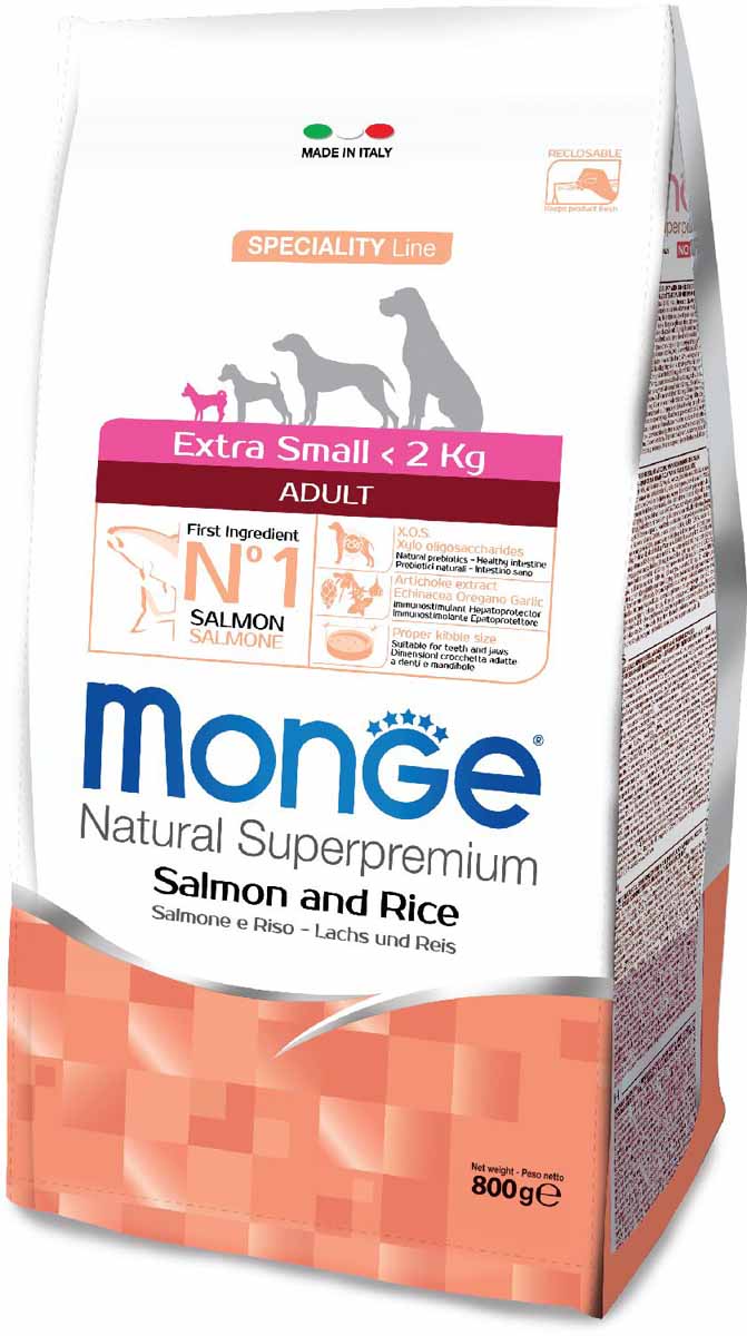 Корм сухой Monge Dog Speciality Extra Small, для взрослых собак миниатюрных пород, с лососем и рисом, 800 г0120710 Корм сухой Monge Dog Speciality Extra Small, для взрослых собак миниатюрных пород, с лососем и рисом, 800 г0120710Monge Dog Extra Small с лососем и рисом, 800 г.Полнорационный корм на основе лосося и риса. Специально разработан для ежедневного кормления взрослых собак миниатюрных пород с нормальной физической активностью.Анализ компонентов: сырой белок 26,00%, сырые масла и жиры 15,00%, сырая клетчатка 2,50%, сырая зола 5,00%, кальций 1,20%, фосфор 0,80%, омега-6 жирные кислоты 6,40%, омега-3 жирные кислоты 0,70%.Пищевые добавки/кг: витамин А 23000 МЕ, витамин D3 1600 МЕ, витамин Е 200 мг, витамин В1 10 мг, витамин В2 13 мг, витамин В6 6 мг, витамин В12 125 мг, биотин 17 мг, ниацин 26 мг, витамин С 180 мг, пантотеновая кислота 15 мг, фолиевая кислота 1,40 мг, холина хлорид 2500 мг, инозитол 3,00 мг, Е5 сульфат марганца моногидрат 35 мг, Е6 оксид цинка 160 мг, Е4 сульфат меди пентагидрат 13 мг, Е1 сульфат железа моногидрат 110 мг, Е8 селенит натрия 0,22 мг, Е2 йодат кальция 1,80 мг, L-карнитин 105 мг, DL-метионин 7,30г. Технологические добавки/кг: натуральная смесь из токоферола и экстракта розмарина обыкновенного. Органолептические добавки/кг: натуральный экстракт каштана 20 мг, экстракт артишока 300 мг.Энергетическая ценность: 4130 ккал/кг.Ингредиенты: лосось (30% дегидрированной и 10% свежей рыбы), рис, кукуруза, животный жир (куриный жир 99,5%, консервированный с помощью натуральных антиоксидантов), сухая свекольная пульпа, картофельный белок, пивные дрожжи (источник МОС и витамина B12), кукурузный глютен, гидролизованный животный белок, рыба (дегидрированный лосось), рыбий жир (масло лосося), гидролизованные хрящи (источник хондроитина сульфата), гидролизованные ракообразные (источник глюкозамина), метилсульфонилметан, КОС (ксилоолигосахариды 3г/кг), гидролизованные дрожжи (источник МОС), юкка Шидигера, спирулина, корень эхинацеи, орегано, порошок сушеного чеснока. Индивидуальная непереносимость. Рекомендации по кормлению: корм можно подавать сухим или размоченным теплой водой. Суточная норма может варьироваться в зависимости от индивидуальных потребностей животного. Важно, чтобы животное всегда имело доступ к чистой питьевой воде.