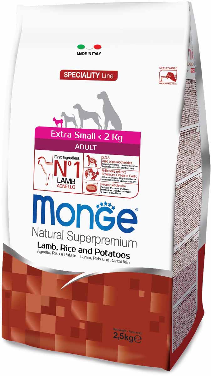 Корм сухой Monge Dog Speciality Extra Small, для взрослых собак миниатюрных пород, с ягненком, рисом и картофелем, 2,5 кг0120710 Корм сухой Monge Dog Speciality Extra Small, для взрослых собак миниатюрных пород, с ягненком, рисом и картофелем, 2,5 кг0120710Мonge Dog Speciality Extra Small ягненок, рис и картофель, 2,5 кг.Полнорационный корм для взрослых собак миниатюрных пород идеально подходит для собак, нуждающихся в питании с низким содержанием холестерина. Ингредиенты, входящие в состав, помогают бороться с аллергическими реакциями и воспалениями и подходит для собак с проблемами пищеварения. Входящие в состав ФОС (фруктоолигосахариды) поддерживают здоровую микрофлору кишечника.Мясо ягненка и рис - это гарантия правильного усвоения белков и углеводов. Высокое содержание сбалансированных омега-3 и омега-6 жирных кислот, цинка и биотина обеспечивает блестящую шерсть и здоровую кожу питомца.Глюкозамин, хондроитин и МСМ благотворно влияют на здоровье суставов и всего костного аппарата, помогают предотвратить возникновение болезней суставов. Анализ компонентов: сырой белок 26,00%, сырые масла и жиры 15,00%, сырая клетчатка 2,50%, сырая зола 6,00%, кальций 1,20%, фосфор 0,80%, омега-6 жирные кислоты 6,40%, омега-3 жирные кислоты 0,70%.Пищевые добавки/кг: витамин А 23000 МЕ, витамин D3 1600 МЕ, витамин Е 200 мг, витамин В1 10 мг, витамин В2 13 мг, витамин В6 6 мг, витамин В12 125 мг, биотин 17 мг, ниацин 26 мг, витамин С 180 мг, пантотеновая кислота 15 мг, фолиевая кислота 1,40 мг, холина хлорид 2500 мг, инозитол 3,00 мг, Е5 сульфат марганца моногидрат 35 мг, Е6 оксид цинка 160 мг, Е4 сульфат меди пентагидрат 13 мг, Е1 сульфат железа моногидрат 110 мг, Е8 селенит натрия 0,22 мг, Е2 йодат кальция 1,80 мг, L-карнитин 105 мг, DL-метионин 7,30г. Технологические добавки/кг: натуральная смесь из токоферола и экстракта розмарина обыкновенного. Органолептические добавки/кг: натуральный экстракт каштана 20 мг, экстракт артишока 300 мг.Энергетическая ценность: 4 130 ккал/кг.Ингредиенты: ягненок (30% дегидрированного и 10% свежего мяса), рис, кукуруза, животный жир (куриный жир 99,5%, консервированный с помощью натуральных антиоксидантов), сухая свекольная пульпа, картофельный белок, пивные дрожжи (источник МОС и витамина B12), кукурузный глютен, гидролизованный животный белок, рыба (дегидрированный лосось), рыбий жир (масло лосося), гидролизованные хрящи (источник хондроитина сульфата), гидролизованные ракообразные (источник глюкозамина), метилсульфонилметан, КОС (ксилоолигосахариды 3г/кг), гидролизованные дрожжи (источник МОС), юкка Шидигера, спирулина, корнень эхинацеи, орегано, порошок сушеного чеснока. Индивидуальная непереносимость. Рекомендации по кормлению: корм можно подавать сухим или размоченным теплой водой. Суточная норма может варьироваться в зависимости от индивидуальных потребностей животного. Важно, чтобы животное всегда имело доступ к чистой питьевой воде.