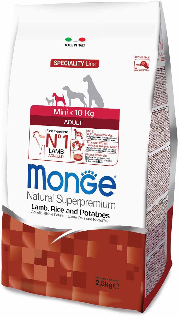 Корм сухой Monge Dog Speciality Mini, для взрослых собак мелких пород, с ягненком, рисом и картофелем, 2,5 кг0120710 Корм сухой Monge Dog Speciality Mini, для взрослых собак мелких пород, с ягненком, рисом и картофелем, 2,5 кг0120710Monge Dog Speciality корм для собак всех пород, ягненок с рисом и картофелем, 2,5 г.Полнорационный корм для взрослых собак всех пород с ягненком, рисом и картофелем. Идеально подходит для собак, нуждающихся в питании с низким содержанием холестерина. Ингредиенты, входящие в состав, помогают бороться с аллергическими реакциями и воспалениями и подходит для собак с проблемами пищеварения. Входящие в состав ФОС (фруктоолигосахариды) поддерживают здоровую микрофлору кишечника.Мясо ягненка и рис - это гарантия правильного усвоения белков и углеводов. Высокое содержание сбалансированных омега-3 и омега-6 жирных кислот, цинка и биотина обеспечивает блестящую шерсть и здоровую кожу питомца.Глюкозамин, хондроитин и МСМ благотворно влияют на здоровье суставов и всего костного аппарата, помогают предотвратить возникновение болезней суставов. Анализ компонентов: сырой белок 27,00%, сырые масла и жиры 14,00%, сырая клетчатка 2,50%, сырая зола 6,50%, кальций 1,70%, фосфор 1,10%, омега-6 жирные кислоты 3,50%, омега-3 жирные кислоты 0,50%.Пищевые добавки/кг: витамин А 24000 МЕ, витамин D3 1700 МЕ, витамин Е 190 мг, витамин В1 12 мг, витамин В2 15 мг, витамин В6 7 мг, витамин В12 150 мг, биотин 20 мг, ниацин 30 мг, витамин С 200 мг, пантотеновая кислота 18 мг, фолиевая кислота 1,70 мг, холина хлорид 2500 мг, инозитол 3,60 мг, Е5 сульфат марганца моногидрат 32 мг, Е6 оксид цинка 150 мг, Е4 сульфат меди пентагидрат 13 мг, Е1 сульфат железа моногидрат 110 мг, Е8 селенит натрия 0,20 мг, Е2 йодат кальция 1,80 мг, L-карнитин 100 мг, DL-метионин 1,60г. Технологические добавки/кг: натуральная смесь из токоферола и экстракта розмарина обыкновенного. Органолептические добавки/кг: натуральный экстракт каштана 20 мг, экстракт артишока 300 мг.Энергетическая ценность: 4 020 ккал/кг.Ингредиенты: ягненок (30% дегидрированного и 10% свежего мяса), рис, картофельный белок, кукуруза, сухая свекольная пульпа, пивные дрожжи (источник МОС и витамина B12), гидролизованный животный белок, животный жир (куриный жир 99,5%, консервированный с помощью натуральных антиоксидантов), гидролизованные хрящи (источник хондроитина сульфата), гидролизованные ракообразные (источник глюкозамина), метилсульфонилметан, КОС (ксилоолигосахариды 3г/кг), гидролизованные дрожжи (источник МОС), юкка Шидигера, спирулина, корень эхинацеи, орегано, порошок сушеного чеснока. Индивидуальная непереносимость. Рекомендации по кормлению: корм можно подавать сухим или размоченным теплой водой. Суточная норма может варьироваться в зависимости от индивидуальных потребностей животного. Важно, чтобы у животного всегда был доступ к свежей питьевой воде.