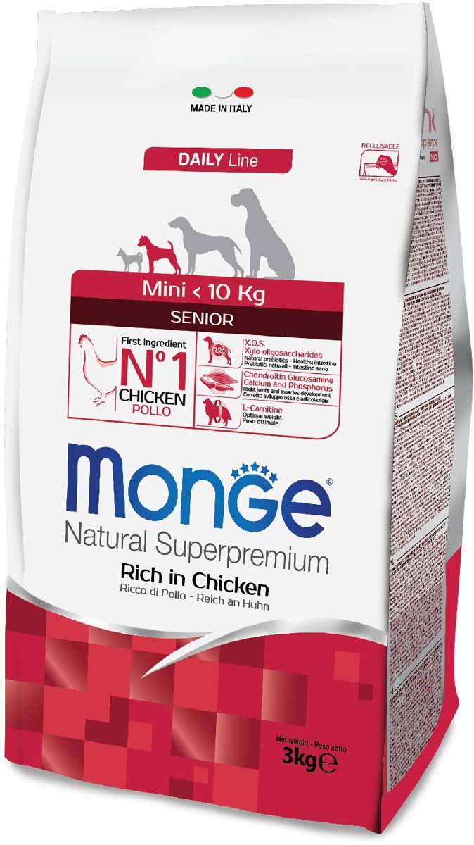 Корм сухой Monge Dog Mini, для пожилых собак мелких пород, 3 кг0120710 Корм сухой Monge Dog Mini, для пожилых собак мелких пород, 3 кг0120710Monge Dog Speciality MINI SENIOR - полноценный сбалансированный рацион для пожилых собак мелких пород.Содержание X.O.S. помогает сохранить естественный баланс кишечной микрофлоры, способствует оптимальному усвоению питательных веществ и повышает иммунитет.Глюкозамин, хондроитин, кальций и фосфор для здоровья суставов. Эти вещества в составе корма способствуют нормальному функционированию суставов опорно-двигательного аппарата.L-карнитин для улучшения обменных и энергетических процессов в мышцах. Активизирует жировой обмен, поддерживает нормальную работу сердца и печени, стимулирует регенерацию клеток. Способствует поддержанию оптимального веса животного.Омега-3 и омега-6 жирные кислоты для красоты шерсти и здоровья кожи. Оптимальный баланс омега-3 и омега-6 в составе корма чрезвычайно важен для поддержания кожи и шерсти в отличном состоянии. Анализ компонентов: сырой белок 28,00%, сырые масла и жиры 14,00%, сырая клетчатка 5,00%, сырая зола 6,50%, кальций 1,20%, фосфор 1,00%, омега-6 жирные кислоты 4,20%, омега-3 жирные кислоты 0,70%.Пищевые добавки/кг: витамин А 24000 МЕ, витамин D3 1600 МЕ, витамин Е 200 мг, витамин В1 11 мг, витамин В2 14 мг, витамин В6 6 мг, витамин В12 125 мг, биотин 17 мг, ниацин 26 мг, витамин С 200 мг, пантотеновая кислота 15 мг, фолиевая кислота 1,40 мг, холина хлорид 4000 мг, инозитол 3,00 мг, Е5 сульфат марганца моногидрат 35 мг, Е6 оксид цинка 160 мг, Е4 сульфат меди пентагидрат 13 мг, Е1 сульфат железа моногидрат 110 мг, Е8 селенит натрия 0,14 мг, Е2 йодат кальция 1,80 мг, L-карнитин 130 мг, DL-метионин 6,20 г. Технологические добавки/кг: натуральная смесь из токоферола и экстракта розмарина обыкновенного. Органолептические добавки/кг: натуральный экстракт каштана 20 мг.Энергетическая ценность: 3900 ккал/кг. Ингредиенты: курица (30% дегидрированного и 10% свежего мяса), рис, овес (источник ценных пищевых волокон), сухая свекольная пульпа, животный жир (куриный жир 99,5%, консервированный с помощью натуральных антиоксидантов), кукуруза, пивные дрожжи (источник МОС и витамина B12), гидролизованный животный белок, концентрат картофельного белка, сухое цельное яйцо (с высоким содержанием ценных белков), рыба (дегидрированный лосось), рыбий жир (масло лосося), гидролизованные хрящи (источник хондроитина сульфата), гидролизованные ракообразные (источник глюкозамина), метилсульфонилметан, КОС (ксилоолигосахариды 3г/кг), гидролизованные дрожжи (источник МОС), юкка Шидигера, спирулина, стебель ананаса. Индивидуальная непереносимость. Рекомендации по кормлению: корм можно подавать сухим или размоченным теплой водой. Суточная норма может варьироваться в зависимости от индивидуальных потребностей животного. Важно, чтобы у животного всегда была свежая питьевая вода.