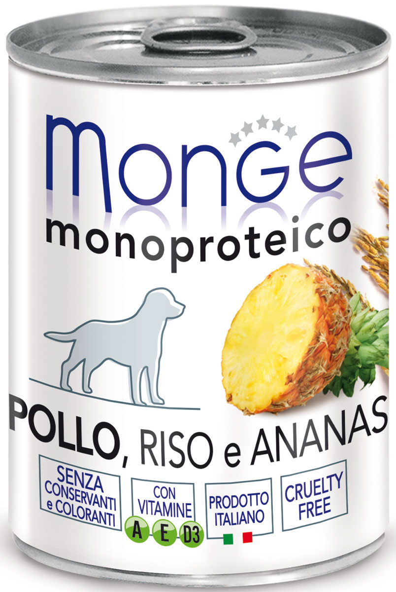 Консервы Monge Dog Monoproteico Fruits, для собак, паштет из курицы с рисом и ананасами, 400 г0120710 Консервы Monge Dog Monoproteico Fruits, для собак, паштет из курицы с рисом и ананасами, 400 г0120710Monge Dog Monoproteico Fruits консервы для собак, паштет из курицы с рисом и ананасами, 400 г. Паштет из курицы с рисом и ананасами. Гарантированный анализ: сырой белок 8,1%, сырые масла и жиры 6,5%, сырая зола 1,5%, сырая клетчатка 0,8%, влажность 80%. Пищевые добавки/кг: витамин А 2500 МЕ, витамин D3 300 МЕ, витамин Е (альфа-токоферол 91%) 7 мг. Ингредиенты: свежее мясо цыпленка 100%, злаки (рис 4,2%), кусочки ананаса (4,1%), сухой экстракт ананаса (0,5%), минеральные вещества, витамины.Технологические добавки: загустители и желеобразующие компоненты. Не содержит красителей, консервантов и глютена.Рекомендации по кормлению: собакам мелких пород необходимо около 400 г продукта в день. Количество корма может варьироваться в зависимости от индивидуальных потребностей животного. Продукт подавать комнатной температуры или подогретый. Важно, чтобы животное всегда имело доступ к чистой, свежей воде. Открытую упаковку хранить в холодильнике.