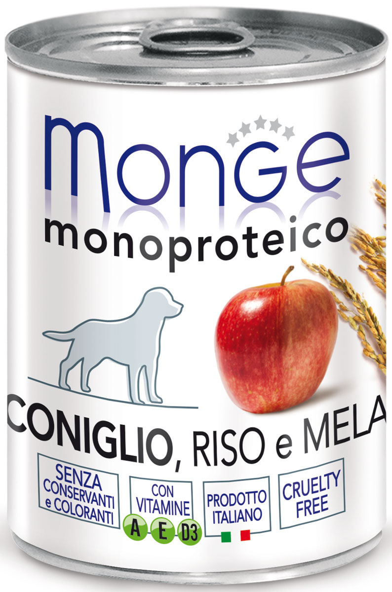 Консервы Monge Dog Monoproteico Fruits, для собак, паштет из кролика с рисом и яблоками, 400 г0120710 Консервы Monge Dog Monoproteico Fruits, для собак, паштет из кролика с рисом и яблоками, 400 г0120710Monge Dog Monoproteico Fruits консервы для собак, паштет из кролика с рисом и яблоками, 400 г.Полнорационный корм для собак. Паштет из кролика с рисом и яблоками. Гарантированный анализ: сырой белок 8,5%, сырые масла и жиры 5,8%, сырая зола 2%, сырая клетчатка 0,8%, влажность 80%. Пищевые добавки/кг: витамин А 2500 МЕ, витамин D3 300 МЕ, витамин Е (альфа-токоферол 91%) 7 мг.Ингредиенты: свежее мясо кролика 100%, злаки (рис 4,2%), кусочки яблока (4,1%), сухой экстракт яблока (0,5%), минеральные вещества, витамины.Технологические добавки: загустители и желеобразующие компоненты. Не содержит красителей, консервантов иглютена. Рекомендации по кормлению: собакам мелких пород необходимо около 400 г продукта в день. Количество корма может варьироваться в зависимости от индивидуальных потребностей животного. Продукт подавать комнатной температуры или подогретый. Важно, чтобы животное всегда имело доступ к чистой, свежей воде. Открытую упаковку хранить в холодильнике.