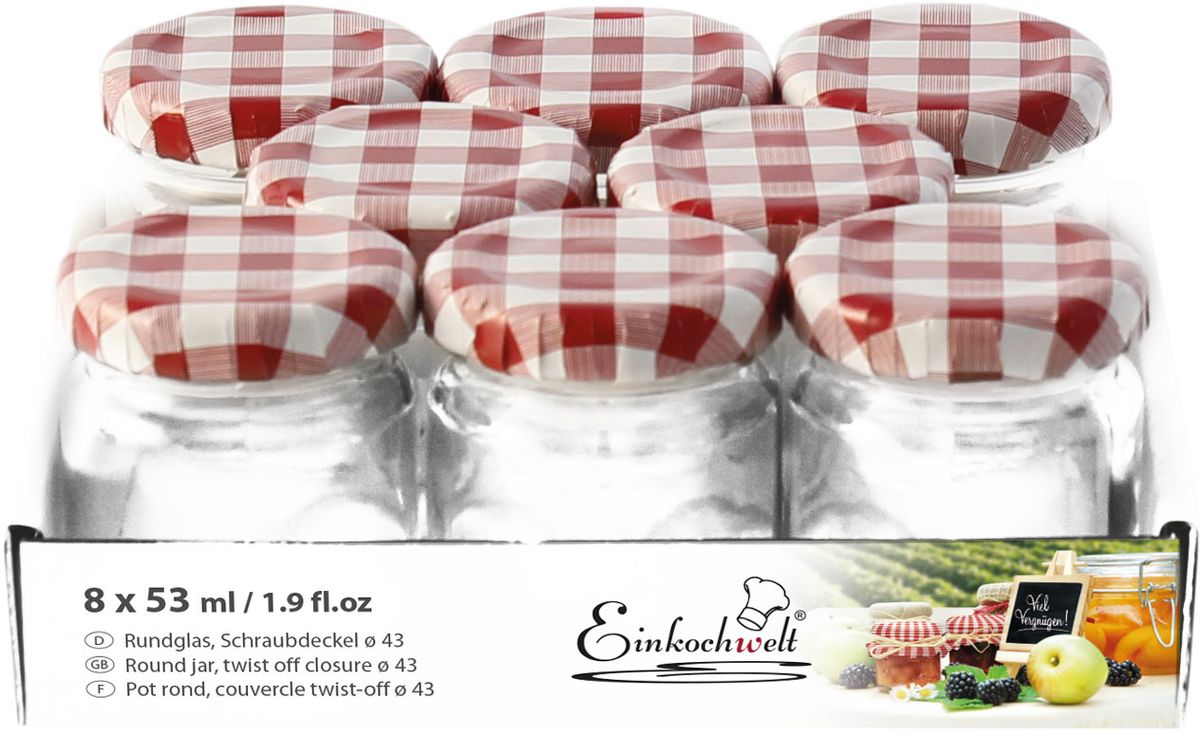 Банка для сыпучих продуктов Einkochwelt Twist, 53 мл. 8 штАксион Т-33 Банка для сыпучих продуктов Einkochwelt Twist, 53 мл. 8 штАксион Т-33Набор банок для сыпучих продуктов Einkochwelt Twist изготовлен из прочного стекла и дополненметаллическими крышками. Набор состоит из восьми банок круглой формы. Банки предназначены для хранения сыпучих продуктов и консервации. Удобные крышки сделают процесс приготовления домашних заготовок легким и приятным, а также обеспечат надежное хранение готовых продуктов. Оригинальная форма банок позволит им стать не только полезными изделиями, но и украшением интерьера вашей кухни.Объем банки: 53 мл.