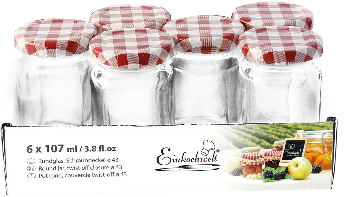 Банка для сыпучих продуктов Einkochwelt Twist, 107 мл. 6 штVT-1520(SR) Банка для сыпучих продуктов Einkochwelt Twist, 107 мл. 6 штVT-1520(SR)Набор банок для сыпучих продуктов Einkochwelt Twist изготовлен из прочного стекла и дополненметаллическими крышками. Набор состоит из шести банок круглой формы. Банки предназначены для хранения сыпучих продуктов и консервации. Удобные крышки сделают процесс приготовления домашних заготовок легким и приятным, а также обеспечат надежное хранение готовых продуктов. Оригинальная форма банок позволит им стать не только полезными изделиями, но и украшением интерьера вашей кухни.Объем банки: 107 мл.