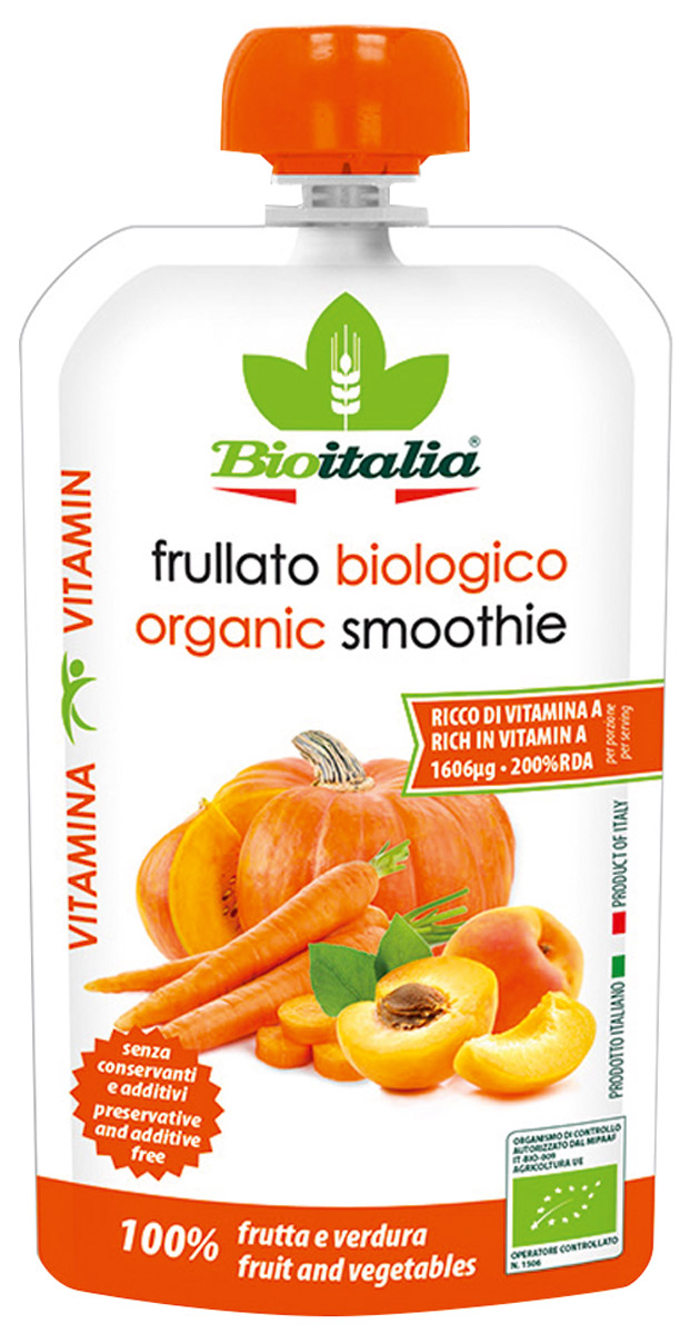 Bioitalia Пюре из моркови, абрикоса и тыквы смузи, 120 г111308 Bioitalia Пюре из моркови, абрикоса и тыквы смузи, 120 г111308Этот смузи из тыквы и моркови не только вкусный и ароматный, но и полезный для здоровья кишечника.