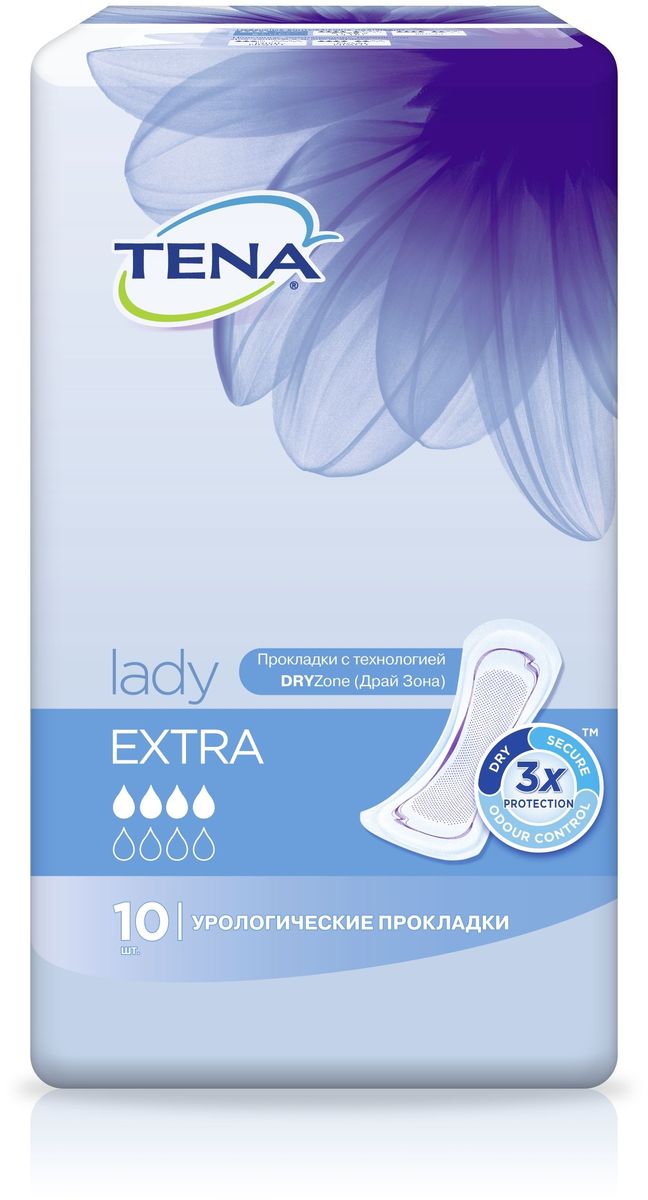 Tena Прокладки урологические Lady Extra 10 шт5010777139655 Tena Прокладки урологические Lady Extra 10 шт5010777139655Урологические прокладки Tena Lady обеспечивают тройную защиту от протеканий, влаги и запаха. Tena Lady Extra дерматологически протестированы и являются безопасными для любого типа кожи. Супервпитывающие прокладки Tena Lady Maxi специально разработаны для надежной защиты и мгновенной сухости. Нежные прокладки Tena Lady Extra обеспечивают надежное впитывание, мгновенное ощущение сухости и комфорт.Благодаря анатомической форме и технологии DRYZone прокладка повторяет изгибы тела, обеспечивая быстрое впитывание и незаметность.Система Fresh Odour Control предотвращает формирование нежелательного запаха.Мягкие резиночки по бокам придают прокладке форму, обеспечивая комфортное прилегание.
