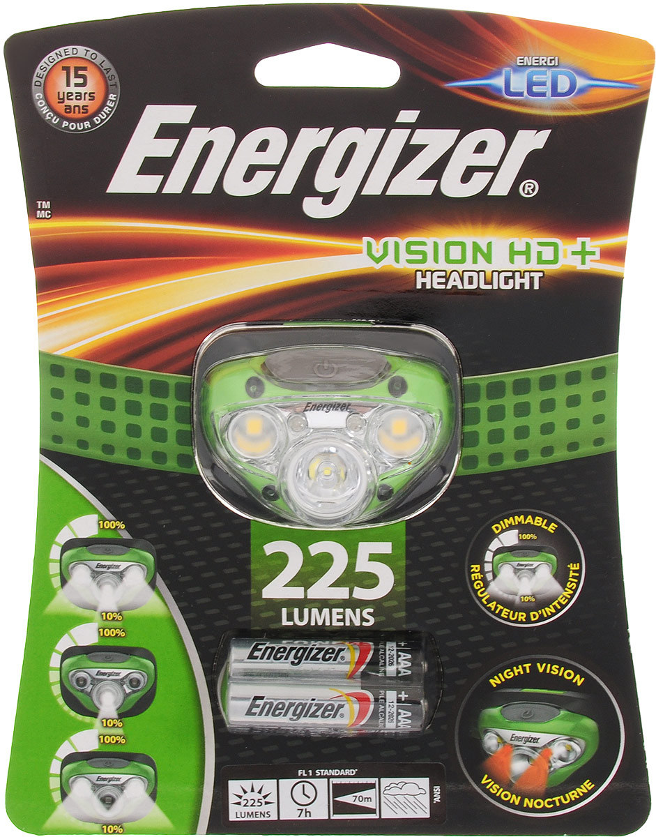 Фонарь налобный ENERGIZER Vision HD, светодиодный. E300280600E300280600 Фонарь налобный ENERGIZER Vision HD, светодиодный. E300280600E300280600Налобный фонарь ENERGIZER Vision HD предназначен для освещения местности, работы в труднодоступных и затемненных местах, будет полезен в хобби и туризме. Он крепится к голове регулирующими резинками, оставляя обе руки свободными и не стесняя движений. Включение и смена режимов регулируются всего одной кнопкой, находящейся на корпусе прибора. Фонарь обладает брызгозащитой, но полностью герметичным не является, поэтому погружать в воду его нельзя. Работает фонарь от трех батареек типа ААА (входят в комплект).Особенности фонаря: - 3 белых светодиода,- 2 красных светодиода,- Режимы узкого и широкого угла освещения,- Регулировка яркости,- Быстрое выключение без переключения режимов,- Поворотная головка,- Небьющиеся линзы,- Устойчив к атмосферным воздействиям,- Устойчив к падению с высоты в 1 метр.Расчетный срок службы 15 лет.В комплект входит регулируемая эластичная лента для крепления на голову.Световой поток: 225 lumens.Дальность свечения: 70 м.