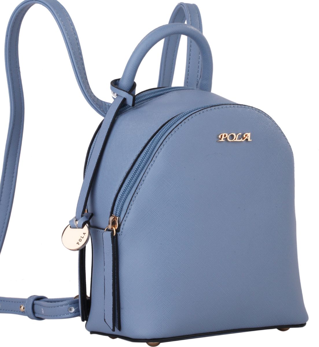 Рюкзак женский Pola, цвет: синий. 64449RivaCase 8460 black Рюкзак женский Pola, цвет: синий. 64449RivaCase 8460 blackНебольшой женский рюкзак Pola выполнен из экокожи. Имеет две молнии для доступа во внутреннее отделение, внутри которого один открытый карман и карман на молнии. Сверху ручка для переноски. Лямки сконструированы таким образом, что рюкзак можно носить как сумку на плечо, если протянуть ремешок вверх через кольца. Ремень можно регулировать по длине, максимальная высота 50 см. На дне металлические ножки. Цвет фурнитуры - золото.