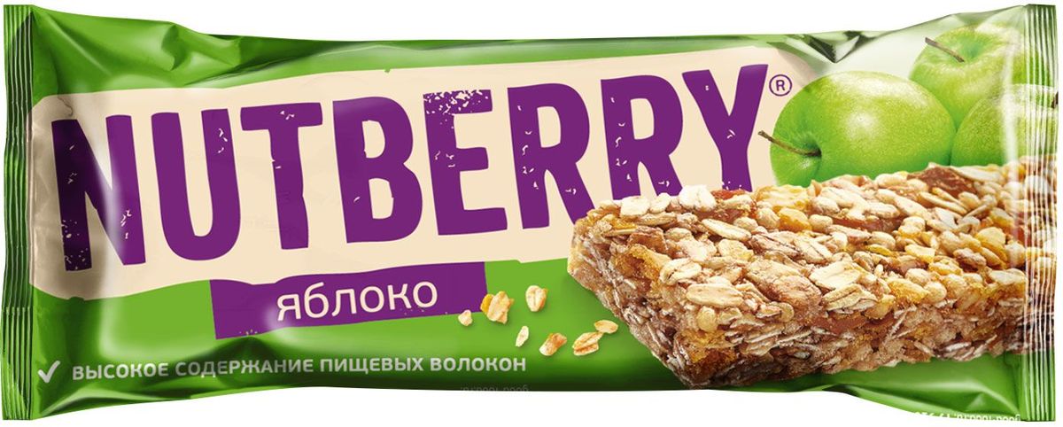 Nutberry неглазированный батончик из сухофруктов мюсли яблочный, 26 г0120710 Nutberry неглазированный батончик из сухофруктов мюсли яблочный, 26 г0120710Яблоко, фундук и мед – прекрасное сочетание вкусов в батончике мюсли Nutberry и вариант замены традиционным сладостям. Натуральные сухофрукты, пшеничные, рисовые и овсяные хлопья – источники энергии на каждый день.