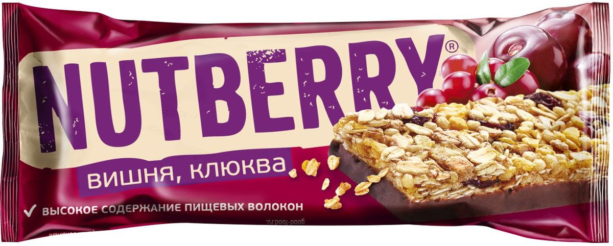 Nutberry глазированный батончик из сухофруктов мюсли с вишней и клюквой, 30 г0120710 Nutberry глазированный батончик из сухофруктов мюсли с вишней и клюквой, 30 г0120710Батончик мюсли Nutberry Клюква с вишней - отличная альтернатива традиционным сладостям. В батончике сочетается кислинка клюквы и вишни с мягким вкусом меда и шоколадной глазури. Натуральные сухофрукты, пшеничные, рисовые и овсяные хлопья – источники энергии на каждый день.