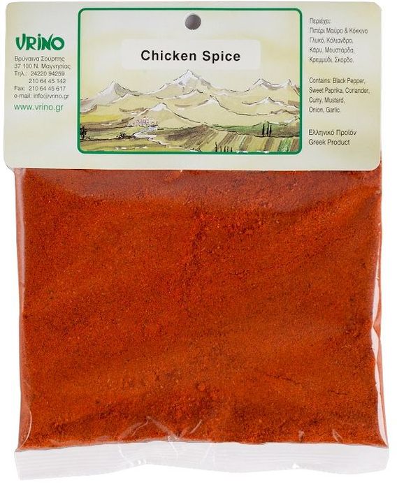 Vrino приприва для курицы, 50 г0120710 Vrino приприва для курицы, 50 г0120710Продукт из Греции. Греческая кухня - это в первую очередь разнообразные приправы! Особые смеси трав и пряностей придают курице неповторимый вкус.