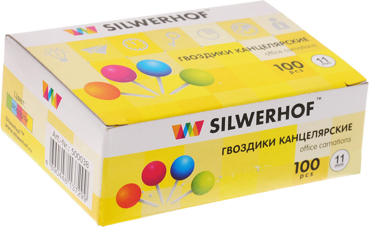 Silwerhof Кнопки канцелярские Гвоздики 100 штFS-54100 Silwerhof Кнопки канцелярские Гвоздики 100 штFS-54100Канцелярские кнопки Silwerhof Гвоздики предназначены для скрепления документов.Канцелярские кнопки помогут вам не только организовать документы и подготовить важные бумаги, но и расставят акценты в деловых презентациях и надежно закрепят ваши сообщения на любой мягкой поверхности.Кнопки обеспечивают фиксацию документов при минимальном повреждении, благодаря тонким и острым иглам.