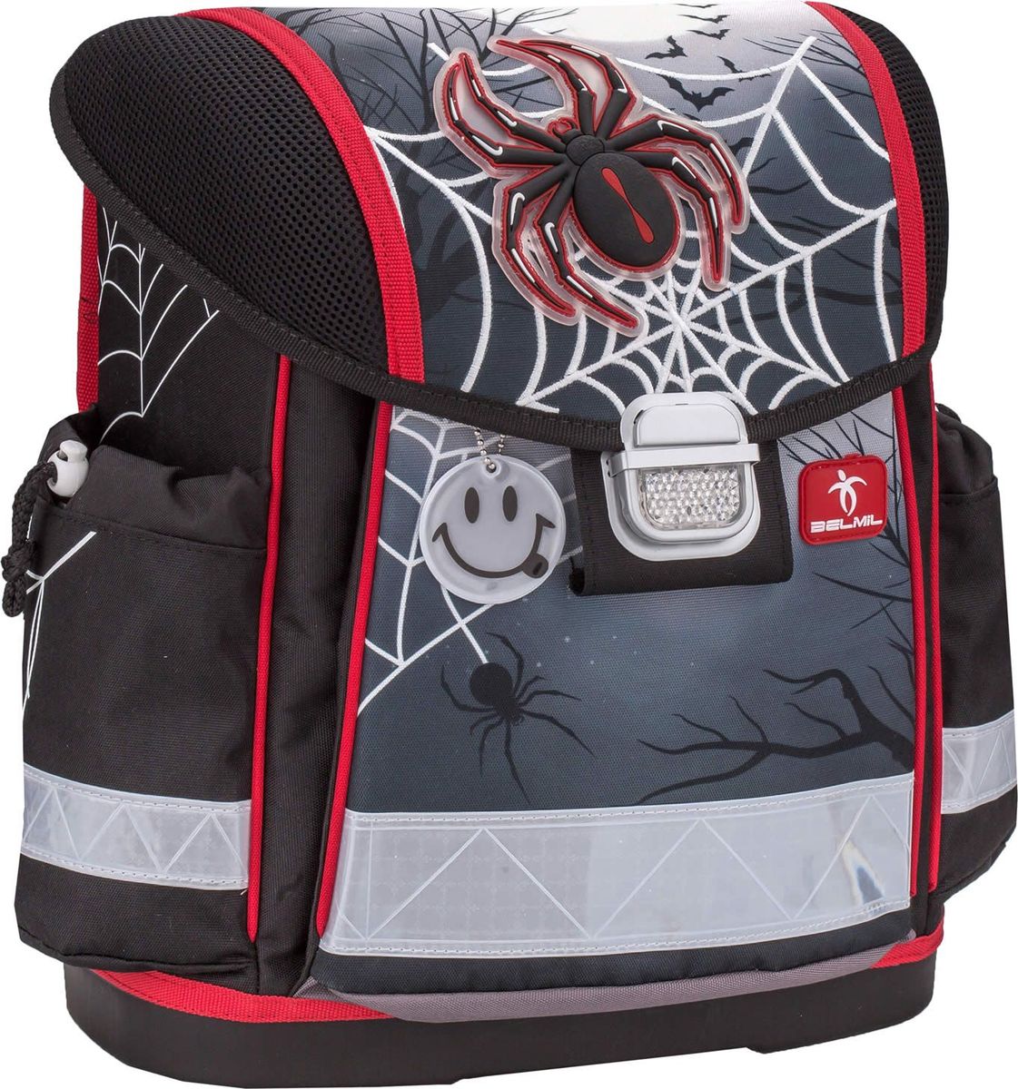 Belmil Ранец школьный для мальчика Classy Spider Lumo72523WD Belmil Ранец школьный для мальчика Classy Spider Lumo72523WDРанец для мальчика Classy Spider Lumo предназначен для детей младшего и среднего школьного возраста. Выполнен из современного полиуретана и имеет жесткий корпус и дно, благодаря чему ребенок не будет испытывать неудобств, которые связаны с выпирающими углами учебников. Ранец закрывается клапаном на фастексе, который препятствует проникновению влаги внутрь отделений при дожде, а по бокам имеет два кармашка для бутылки с водой на затягивающимся шнурке. Ранец имеет два отделения под клапаном и один просторный карман спереди. Эргономичная ортопедическая вентилируемая спинка с мягкими вставками из спонжа и широкие регулируемые по росту ребенка лямки обеспечат комфорт при носке, не позволят потеть спинке ребенка и сохранят здоровье позвоночника. Плотная подкладка устойчива к разрывам. Широкие светоотражающие вставки сделают ребенка заметным для автомобилистов в темное время суток и обезопасят его путь.Милый дизайн понравится понравится не только юному обладателю ранца, но и окружающим.