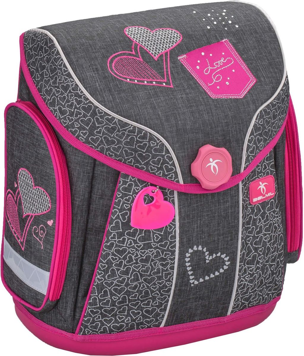 Belmil Ранец школьный Missy Jeans Love72523WD Belmil Ранец школьный Missy Jeans Love72523WDШкольный ранец Belmil Missy Jeans Love имеет идеальное сочетание функциональности, безопасности и забавности: детям, безусловно, понравится! Ранец имеет новый немецкий магнитный замок Fidlock. Благодаря сильным магнитам, он может быть открыт с помощью простого пол-оборота, и он автоматически закрывается. Дополнительный съемный грудной ремень легко крепится к рюкзаку для стабилизации нагрузки. Если не хотите пользоваться ремнем, он может быть отстегнут в любое время. Эргономичная форма и дышащая задняя обивка минимизирует давление на спину. Плечевые стропы также имеют мягкие подушки и регулируются, что обеспечивает ежедневный комфорт. Крышка имеет две отдельные ручки, каждая из которых предназначена для различных целей: резиновая ручка служит безопасной и удобной рукоятки в детских маленьких руках, а другая используется, чтобы повесить сумку в шкафчике или на парте. В рюкзаке просторные внутренние отсеки, оснащенные умными разделителями, которые помогают детям организовать свои школьные принадлежности. Учебники и тетради всех размеров идеально умещаются и не перемешиваются. Этот рюкзак имеет расширяемый передний карман, который дает дополнительное место для хранения. Бутылка воды может быть легко помещена в боковые карманы (до 0,7 л). В нижней части ранца - пластиковое дно-корытце, которое позволяет ранцу устойчиво стоять на полу и не заваливаться и защищает его от попадания грязи. С рюкзаком Belmil безопасность гарантирована, даже если становится слишком темно: рюкзак имеет светоотражающие полосы со всех сторон, которые обеспечивают высокую видимость в ночное время.