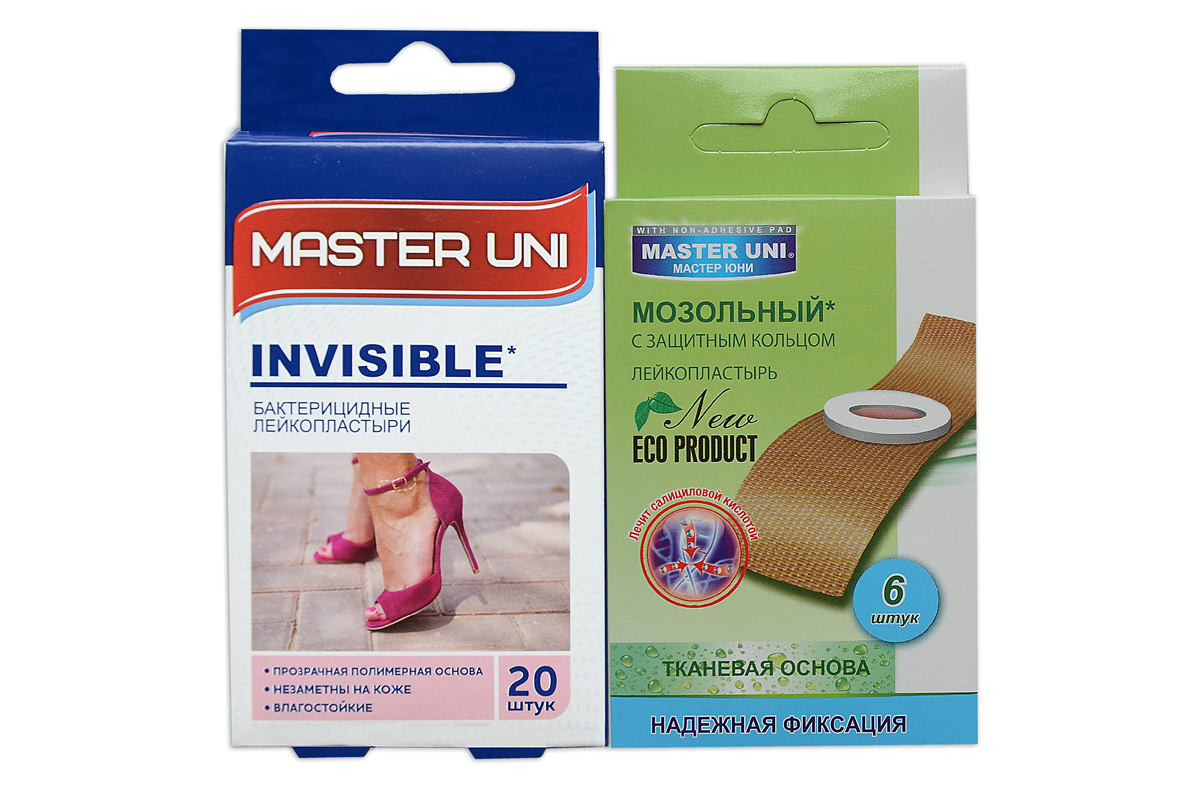 Master Uni Mix Invisible набор лейкопластырей, 20+6штБУ-00000316 Master Uni Mix Invisible набор лейкопластырей, 20+6штБУ-00000316MIX INVISIBLE - состоит из двух видов лейкопластырей - бактерицидного и от сухих мозолей. Набор бактерицидных лейкопластырей на прозрачной полимерной основе надежно защищающих рану от попадания загрязнений. Эффективен при ссадинах, порезах и мелких повреждениях кожи. Прозрачная влагостойкая основа надежно фиксируется на коже, повторяя изгибы тела, абсорбирующая подушечка моментально всасывает раневые выделения, имеет дополнительную защиту от грязи и микробов со всех сторон, покрыта бактерицидной атравматической сеткой, которая не прилипает к ране. Антисептик: бензалкония хлорид, эффективно дезинфицирует и способствует быстрому заживлению раны без образования рубцов. Мозольный пластырь - эффективное средство для удаления ороговевшей кожи любой части стопы. Пластырь на тканевой основе надежно фиксируется на ноге и принимает нужную форму при ходьбе. Мягкое защитное кольцо пластыря предохраняет здоровую кожу от контакта с лечебным веществом - салициловой кислотой, которая безболезненно удаляет ороговевшую кожу с Ваших ступней и пальцев ног. Противопоказания: индивидуальная непереносимость, повреждения кожи, кожные заболевания. Master Uni MIX INVISIBLE - Мягкая и нежная кожа Ваших ног! В наборе: размеры 72х19 мм - 20шт, пластырь мозольный 65х20 мм - 6шт. Master Uni MIX INVISIBLE - отличное решение для всей семьи!