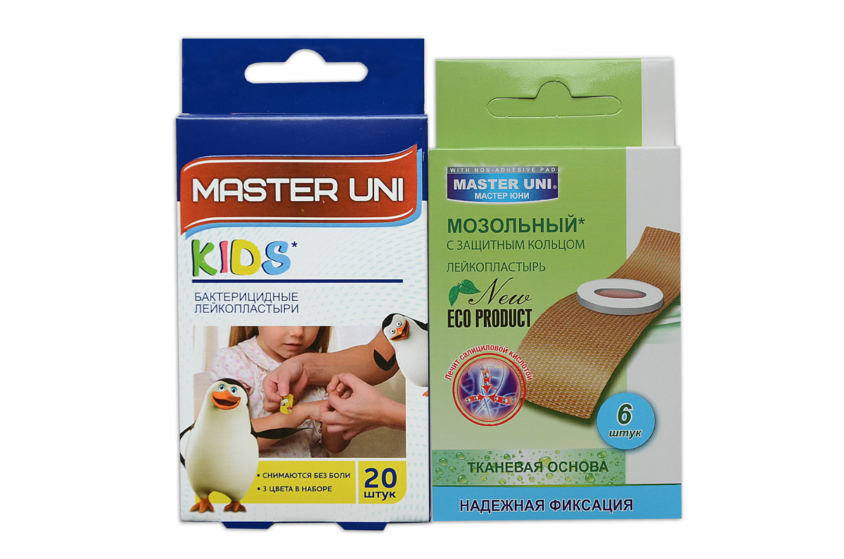 Master Uni MIX KIDS набор лейкопластырей, 20+6штБУ-00000316 Master Uni MIX KIDS набор лейкопластырей, 20+6штБУ-00000316MIX KIDS - состоит из двух видов лейкопластырей - бактерицидного и от сухих мозолей. Набор бактерицидных лейкопластырей на полимерной основе с рисунками надежно защищают ранку от попадания загрязнений. Эффективен при ссадинах, порезах и мелких повреждениях кожи. Прозрачная влагостойкая основа с веселыми рисунками для увлекательного лечения раны надежно фиксируется на коже, повторяя изгибы тела, абсорбирующая подушечка моментально всасывает раневые выделения, имеет дополнительную защиту от грязи и микробов со всех сторон, покрыта бактерицидной атравматической сеткой, которая не прилипает к ране. Сторона пластыря, контактирующая с кожей, не содержит красителей, кожа остается чистой. Антисептик: бензалкония хлорид, эффективно дезинфицирует и способствует быстрому заживлению раны без образования рубцов. Мозольный пластырь - эффективное средство для удаления ороговевшей кожи любой части стопы. Пластырь на тканевой основе надежно фиксируется на ноге и принимает нужную форму при ходьбе. Мягкое защитное кольцо пластыря предохраняет здоровую кожу от контакта с лечебным веществом - салициловой кислотой, которая безболезненно удаляет ороговевшую кожу с Ваших ступней и пальцев ног. Противопоказания: индивидуальная непереносимость, повреждения кожи, кожные заболевания. Master Uni MIX KIDS - Мягкая и нежная кожа Ваших ног! В наборе: размеры 56х19 мм - 20шт,3 цвета в наборе , пластырь мозольный 65х20 мм - 6шт. Master Uni MIX KIDS - отличное решение для всей семьи!