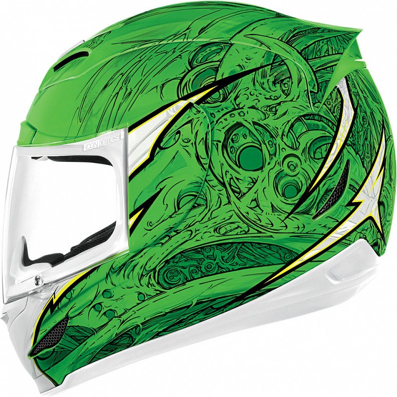Мотошлем Icon Airmada Sportbike SB1, цвет: зеленый. 0101. Размер S0101-6058 Мотошлем Icon Airmada Sportbike SB1, цвет: зеленый. 0101. Размер S0101-6058Отличное сочетание функциональности и стиля. Этот шлем прекрасно подойдет как для городской езды, так и для спортивных заездов на треке. За основу взят литойполикарбонатный корпус. С точки зрения аэродинамики, посадки, вентиляции и комфорта – это совершенно новая модель шлема. Вентиляция так же была улучшена. Теперь у нас 7 каналов для впуска свежего воздуха, и 6 портов для выпуска. Как и в предыдущих моделях, мы имеем каналы в ротовой области, а так же два боковых порта, которые регулируются в нескольких положениях с внутренней стороны шлема. Выше имеется десятимиллиметровый двойной канал, который, как и прежде удобно контролировать – в закрытом или открытом положении. И одна из новинок находится поблизости – двойной регулировочный порт, который в дополнение ко всем предыдущим, направляет потоки свежего непосредственно на лобную часть водителя. Соответственно, горячий воздух выходит через задние порты - два сверху, два по бокам и два с нижней стороны. Еще одним нововведением является - специально разработанный для линейки «Airmada» визор «Optics». Он стал несколько больше чем предшественники, имеет специальное покрытие от запотевания, гибкий и прочный – и что интересно – такой визор дает вам угол обзора на пять градусов больше, чем в предыдущих моделях. Здесь присутствует «Pro - Lock» защита от открывания. И еще одним большим плюсом является то, что визор стало намного легче снимать. Все что нужно – это поднять его до предела, нажать на боковые фиксаторы, и визор без проблем отсоединяется. Чтобы одеть его обратно, вставить визор до щелчка – и закрыть шлем. По сравнению с предыдущими моделями – замена визора теперь становится делом на пару секунд. Все внутренние подушки впитывают влагу, легко снимаются для стирки и устанавливаются аналогичным образом. Используется самая надежная система фиксации – D-образная кольцо-застежка, чтобы шлем ни при каких обстоятельствах не отстегнулся. Съемный дефлектор дыхания помогает предотвратить запотевание.