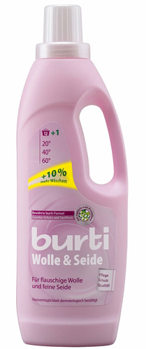 Средство для стирки изделий из шерсти Burti Wollpflege, 753 млGC204/30 Средство для стирки изделий из шерсти Burti Wollpflege, 753 млGC204/30В состав жидкого средства Burti Wollpflege входят натуральные протеины шелка и кератин, которые бережно ухаживают за изделиями из шерсти, пуха и шелка. Протеины шелка сохраняют естественную упругость шерстяных волокон, а кератин проникает в структуру волокон и восстанавливает их изнутри. Жидкое средство Burti Wollpflege является универсальным средством, которое может использоваться как при ручной стирке, так и при стирке в автоматических машинах.Состав: менее 5% - неионные тензиды, поликарбоксилаты, мыло; менее 5-15% - анион-тензиды,цеолиты; содержит энзимы (амилаза протеаза), ароматизаторы.Уважаемые клиенты!Обращаем ваше внимание на возможные изменения в дизайне упаковки. Качественные характеристики товара остаются неизменными. Поставка осуществляется в зависимости от наличия на складе.