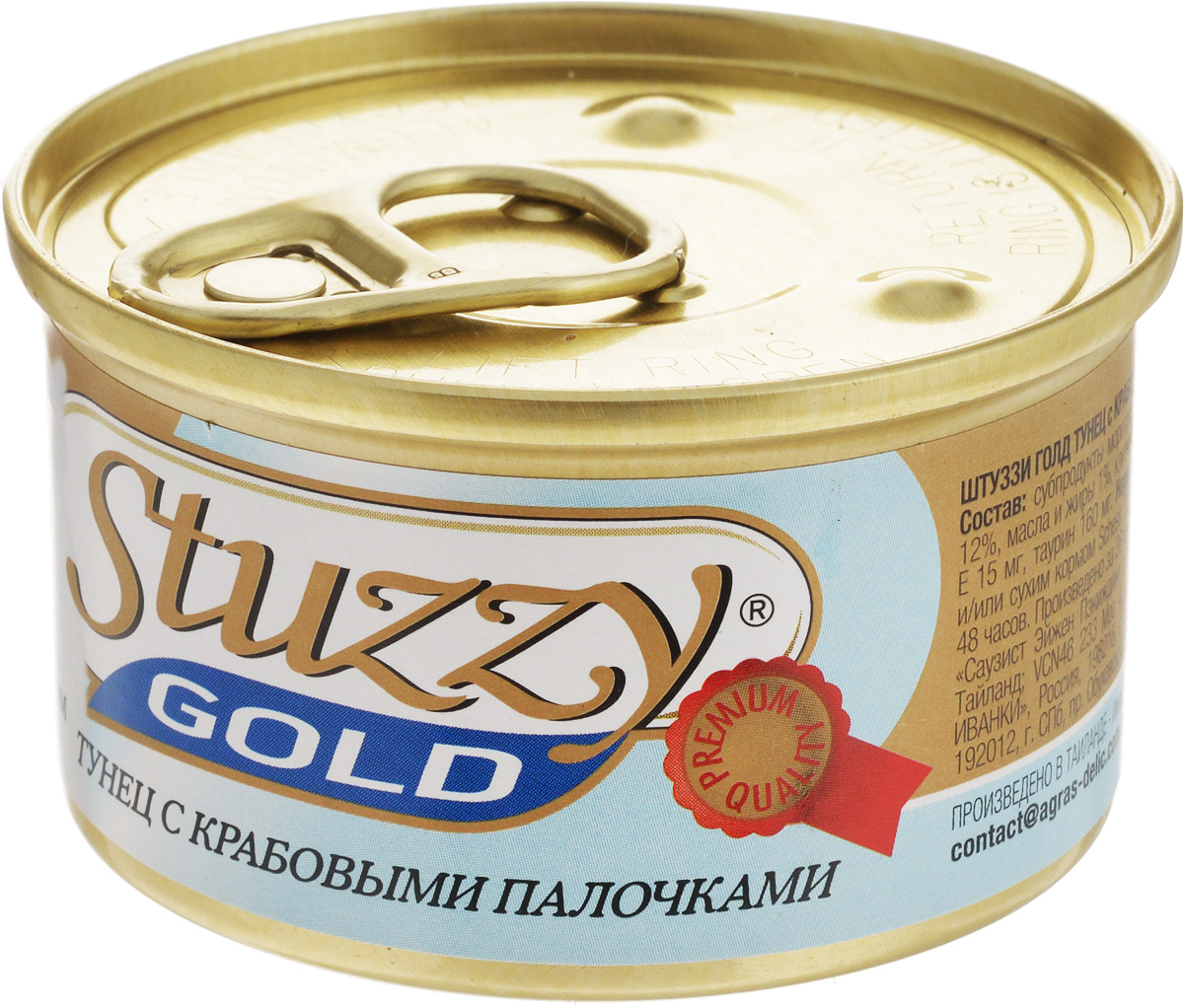 Консервы для взрослых кошек Stuzzy Gold, тунец с крабовыми палочками в собственном соку, 85 г0120710 Консервы для взрослых кошек Stuzzy Gold, тунец с крабовыми палочками в собственном соку, 85 г0120710Консервы для кошек Stuzzy Gold - это дополнительный рацион для взрослых кошек. Корм обогащен таурином и витамином Е для поддержания правильной работы сердца и иммунной системы. Инулин обеспечивает всасывание питательных веществ, а биотин способствуют великолепному внешнему виду кожи и шерсти. Корм приготовлен на пару, не содержит красителей и консервантов.Состав: субпродукты морепродуктов (тунец 50,2%, крабовые палочки 4%), рис 2,2%.Питательная ценность: белки 12%, масла и жиры 1%, клетчатка 1%, зола 2,5%. Влажность 80%.Питательные добавки (на кг): витамин А 1325 МЕ, витамин Е 15 мг, таурин 160 мг.Товар сертифицирован.
