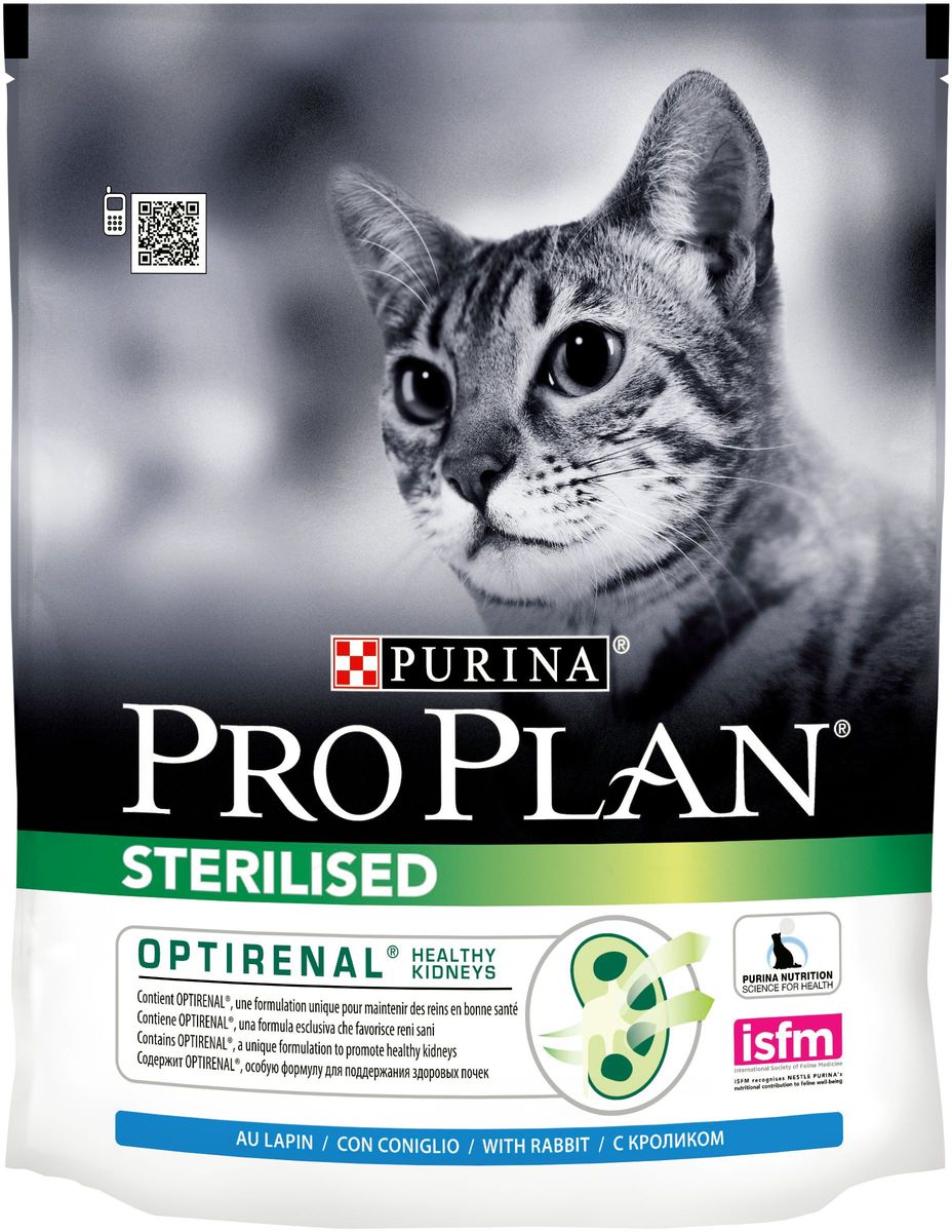 Корм сухой Pro Plan Sterilised для стерилизованных кошек и кастрированных котов, с кроликом, 400 г0120710 Корм сухой Pro Plan Sterilised для стерилизованных кошек и кастрированных котов, с кроликом, 400 г0120710Для поддержания здоровья стерилизованных кошек. PRO PLAN® Sterilised сочетает все основные питательные вещества, включая витамины A, C и E и жирные кислоты омега-3 и омега-6, в богатой белками, нежирной рецептуре, которая также помогает обеспечить сбалансированный уровень pH мочи.МЕ/кг: витамин A: 35 000; витамин D3: 1 100; витамин E: 900. Мг/кг: витамин C: 160; железо: 60; йод: 1,9; медь: 12; марганец: 15; цинк: 145; селен: 0,12. С антиокислителями. Белок: 41%, жир: 12%, сырая зола: 7%, сырая клетчатка: 4,5%, омега-3 жирные кислоты: 0,5%, омега-6 жирные кислоты: 2%.