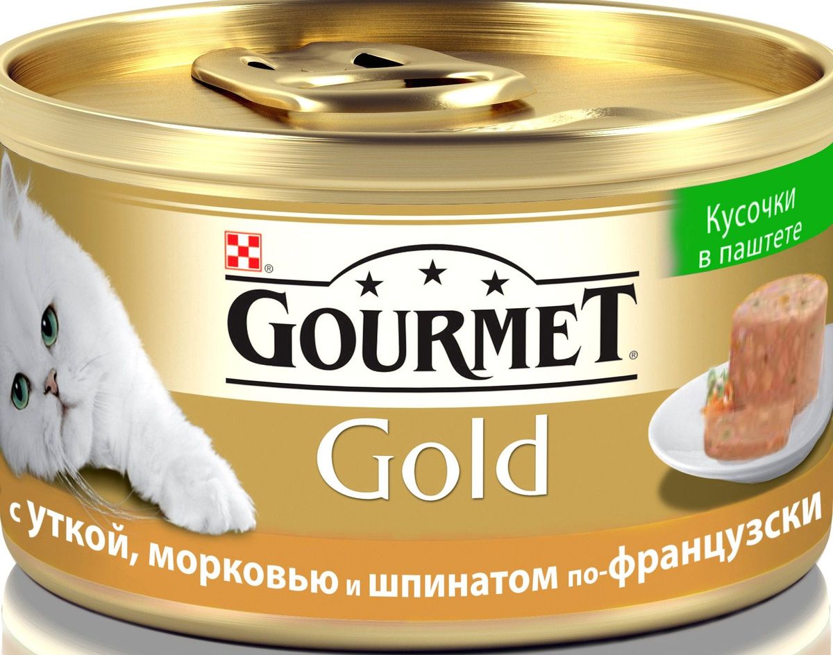 Консервы для кошек Gourmet, с уткой, морковью и шпинатом по-французски, 85 г0120710 Консервы для кошек Gourmet, с уткой, морковью и шпинатом по-французски, 85 г0120710GOURMET Gold® – это золотая коллекция вкусов и текстур, такие как террин по-французски, паштет, нежные биточки и другие роскошные блюда, перед которыми не устоит даже самая взыскательная кошка. МЕ/кг: витамин A: 720; витамин D3: 110. Мг/кг: железо: 25; йод:0,32; медь: 2,9; марганец: 5,0; цинк: 41. Tехнологическая добавка: мг/кг: камедь кассии: 2300.Влажность: 77,5%, белок: 12%, жир: 5%, сырая зола: 2,5%, сырая клетчатка: 0,3%.