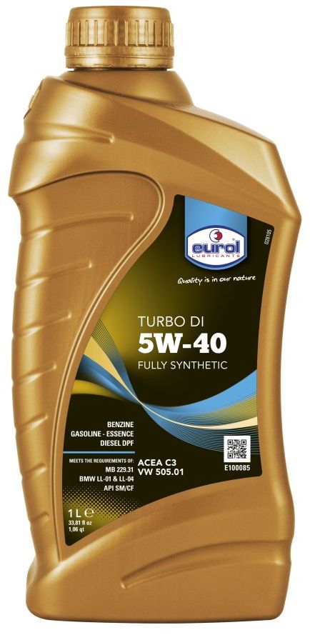 Масло моторное EUROL Turbo DI, класс вязкости 5W-40, 1 л2706 (ПО) Масло моторное EUROL Turbo DI, класс вязкости 5W-40, 1 л2706 (ПО)EUROL TURBO DI 5W-40 Полностью синтетическое масло для бензиновых и дизельных двигателей легковых автомобилей и легкого коммерческого транспорта. Это масло может использоваться в двигателях с турбонаддувом и без, оборудованных катализаторами, сажевыми фильтрами, насос-форсунками, а также в моторах с прямым впрыском топлива. Содержит уникальный пакет присадок Eurol OPT, с пониженным содержанием фосфора, серы и сульфатной золы, защищая от забивания (технология «mid SAPS») фильтры выхлопных газов (фильтры сажевых частиц и катализаторы).СПЕЦИФИКАЦИИ И ОДОБРЕНИЯ:API: SN/SM/CF ACEA: C3 (12) MB-Approval 229.31 (Approved) BMW Longlife-04 (Approved) VW 502.00/505.01 (Approved) Ford WSS-M2C-917A Renault RN0700 / RN0710 MB 226.5 Porsche A40 GM Dexos 2Соответствует требованиям АСЕА С2, касающиеся защиты двигателя.