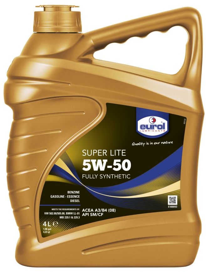 Масло моторное EUROL Super Lite, класс вязкости 5W-50, 4 лS03301004 Масло моторное EUROL Super Lite, класс вязкости 5W-50, 4 лS03301004EUROL SUPER LITE 5W-50 Полностью синтетическое масло для бензиновых и дизельных двигателей легковых автомобилей и легкого коммерческого транспорта. Это масло может использоваться в двигателях с турбонаддувом и без, оборудованных катализаторами, а также в моторах с прямым впрыском топлива. Обеспечивает стабильную масляную пленку при холодном запуске и сохраняет ее при высоких температурах и тяжелых условиях эксплуатации. Синтетическое масло обеспечивает отличную защиту от износа, коррозии и окисления, специальные присадки сохраняют двигатель в чистоте и предотвращают образование отложений и нагара. Обладает топливной экономичностью и может смешиваться с синтетическими и минеральными моторными маслами. API SN/CF ; ACEA A3/B3 (12) ; ACEA A3/B4 (10) ; MB 229.3 ; VW 50200 ; VW 50500 ; GM-LL-B-025 ; BMW Longlife-01 ; Renault RN0700/RN0710