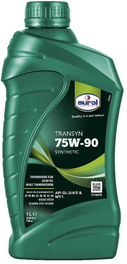 Масло трансмиссионное EUROL Transyn, класс вязкости 75W-90, GL 4/5, 1 л106599 Масло трансмиссионное EUROL Transyn, класс вязкости 75W-90, GL 4/5, 1 л106599Синтетическое трансмиссионное масло для коробок и мостов Eurol Transyn 75W-90 – это синтетическое универсальное трансмиссионное масло, для использования как в ручных трансмиссиях, так и передачах, где рекомендуется применять API GL-3, GL-4 или GL-5.Трансмиссионное масло Eurol Transyn 75W-90 может использоваться во всей типах передач. Специальные добавки уменьшают потребление топлива и устраняют проблемы переключения. Благодаря уникальному составу, это масло обеспечивает превосходную защиту от износа, коррозии и вспенивания, а также от термического окисления и старения при высоких температурах.Eurol Transyn 75W-90 используется в синхронизированных коробках передач и обеспечивает мягкое переключение даже при низких температурах.Трансмиссионное масло Eurol Transyn 75W-90 показывает отличные EP (Extreme Pressure) свойства при высоких нагрузках и вибрации. Потери вязкости при нагрузке минимальны, поэтому интервалы замены масла могут быть увеличены.API: GL3/4/5; DAF ZF TE-ML 02 box, MAN 3343 S, MAN 3343 SL, MAN 341 TL, MAN 341 type Z-3, MAN 342 SL, MAN 342 type S-1, MIL-L-2105 B, MIL-L-2105 C, MIL-L-2105 D, MIL-PRF-2105E, Scania STO 1:0 box, Volvo 97310, ZF TE-ML 01, ZF TE-ML 02, ZF TE-ML 05, ZF TE-ML 07, ZF TE-ML 08
