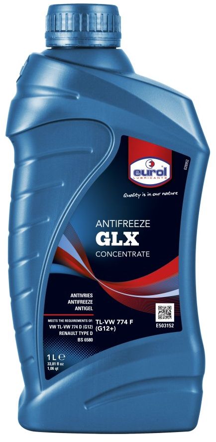 Жидкость охлаждающая EUROL Antifreeze GLX, G-12, 1 л102924 Жидкость охлаждающая EUROL Antifreeze GLX, G-12, 1 л102924Антифриз longlife, без силикатов, TL-VW 774 F (G12+). Eurol Anti-Freeze G12+ — антифриз нового поколения на основе моноэтиленгликоля, по запатентованной технологии без силикатов на карбоксильной кислоте. Эта технология известна как OAT (Organic Acid Technology).Eurol Anti-Freeze G12+ предотвращает образование накипи и превосходно защищает от кавитации. Кроме того, защищает от коррозии металлические части системы охлаждения и, в часности, аллюминиевые и стальные сплавы.Eurol Anti-Freeze G12+ не содержит нитриты, амины, соли борной кислоты, фосфаты, нитраты и силикаты, поэтому способствует незагрязнению окружающей среды.Eurol Anti-Freeze G12+ не повреждает резину, пластик, металлы, аллюминий и сплавы.Типичные показатели:Anti-Freeze G12+Плотность 20°C Kг/Л 1,115 pH-значение при 33 vol.% 8,0 ± 0,2при 50 vol.% 7,5 ± 0,2Точка кипения °C 175 ± 2Содержание воды Wt% max. 5