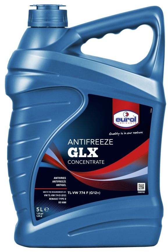 Жидкость охлаждающая EUROL Antifreeze GLX, G-12, 5 л172764 Жидкость охлаждающая EUROL Antifreeze GLX, G-12, 5 л172764Антифриз longlife, без силикатов, TL-VW 774 F (G12+). Eurol Anti-Freeze G12+ — антифриз нового поколения на основе моноэтиленгликоля, по запатентованной технологии без силикатов на карбоксильной кислоте. Эта технология известна как OAT (Organic Acid Technology).Eurol Anti-Freeze G12+ предотвращает образование накипи и превосходно защищает от кавитации. Кроме того, защищает от коррозии металлические части системы охлаждения и, в часности, аллюминиевые и стальные сплавы.Eurol Anti-Freeze G12+ не содержит нитриты, амины, соли борной кислоты, фосфаты, нитраты и силикаты, поэтому способствует незагрязнению окружающей среды.Eurol Anti-Freeze G12+ не повреждает резину, пластик, металлы, аллюминий и сплавы.Типичные показатели:Anti-Freeze G12+Плотность 20°C Kг/Л 1,115 pH-значение при 33 vol.% 8,0 ± 0,2при 50 vol.% 7,5 ± 0,2Точка кипения °C 175 ± 2Содержание воды Wt% max. 5
