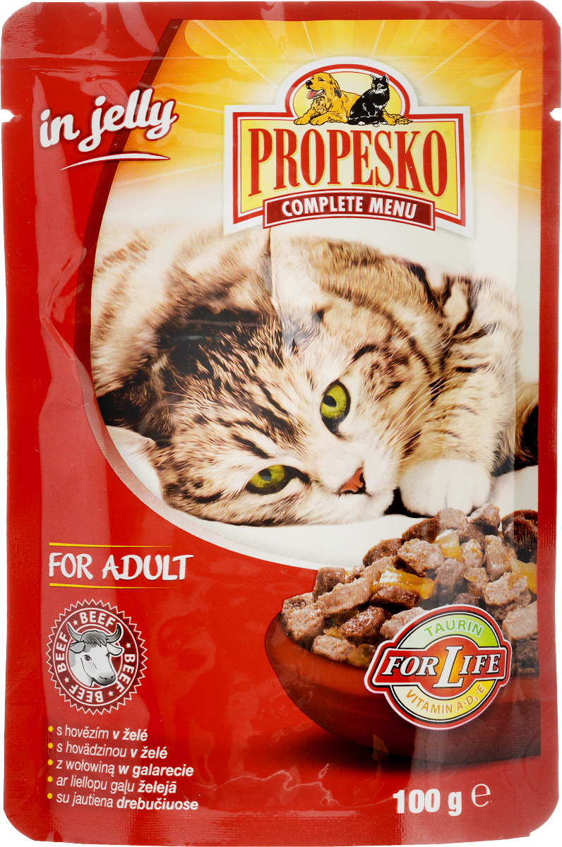Консервы для кошек Propesko, желе с говядиной, 100 г0120710 Консервы для кошек Propesko, желе с говядиной, 100 г0120710Консервы Propesko - это полнорационное питание для взрослых кошек. Консервированный корм оказывает благотворное влияние на организм питомца, улучшает пищеварение и дарит чувство сытости на долгое время.Товар сертифицирован.