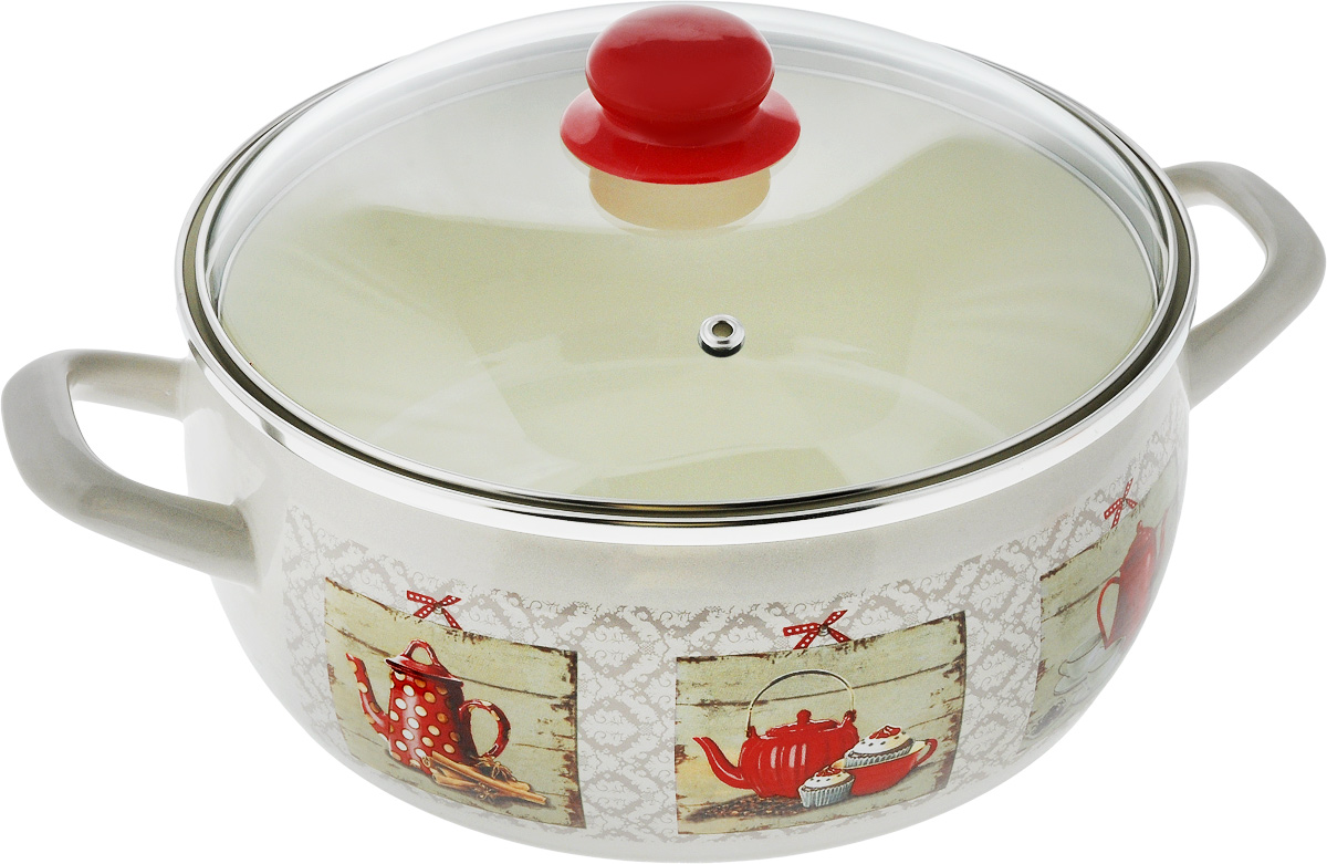 Кастрюля эмалированная Мetrot Кофейная кантата, с крышкой, 5,3 л54 009312 Кастрюля эмалированная Мetrot Кофейная кантата, с крышкой, 5,3 л54 009312Кастрюля Мetrot Кофейная кантата выполнена из стали с эмалированным покрытием. Внешние стенки оформлены ярким рисунком.Эмалированная посуда инертна и устойчива к пищевым кислотам, не вступает во взаимодействие с продуктами и не искажает их вкусовые качества. Эмалевое покрытие, являясь стекольной массой, не вызывает аллергию и надежно защищает пищу от контакта с металлом. Кроме того, такое покрытие долговечно, оно устойчиво к механическому воздействию, не царапается и не сходит, а стальная основа практически не подвержена механической деформации, благодаря чему срок эксплуатации увеличивается.Кастрюля оснащена удобными ручками. В комплект входит крышка из жаропрочного стекла. Крышка имеет удобную пластиковую ручку, металлический обод и отверстие для выпуска пара. Подходит для всех типов плит, включая галогеновые конфорки и индукционные плиты. Пригодна для посудомоечной машины.Диаметр кастрюли (по верхнему краю): 25,5 см.Высота стенок кастрюли: 11,5 см.Диаметр крышки: 23,5 см.