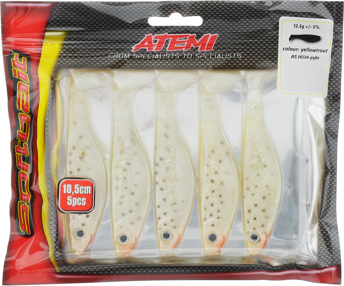 Риппер Atemi, цвет: yellowtrout, длина 10,5 см, 5 шт010-01199-23 Риппер Atemi, цвет: yellowtrout, длина 10,5 см, 5 шт010-01199-23Риппер Atemi - это виброхвост с объемным, мясистым телом, выполненный из высококачественного силикона. Имеет стабильную сбалансированную игру. Предназначен для джиговой ловли хищной рыбы: окуня, судака, щуки. Приманка визуально стимулирует хищный инстинкт поедателей рыб и толкает их совершать атаки.